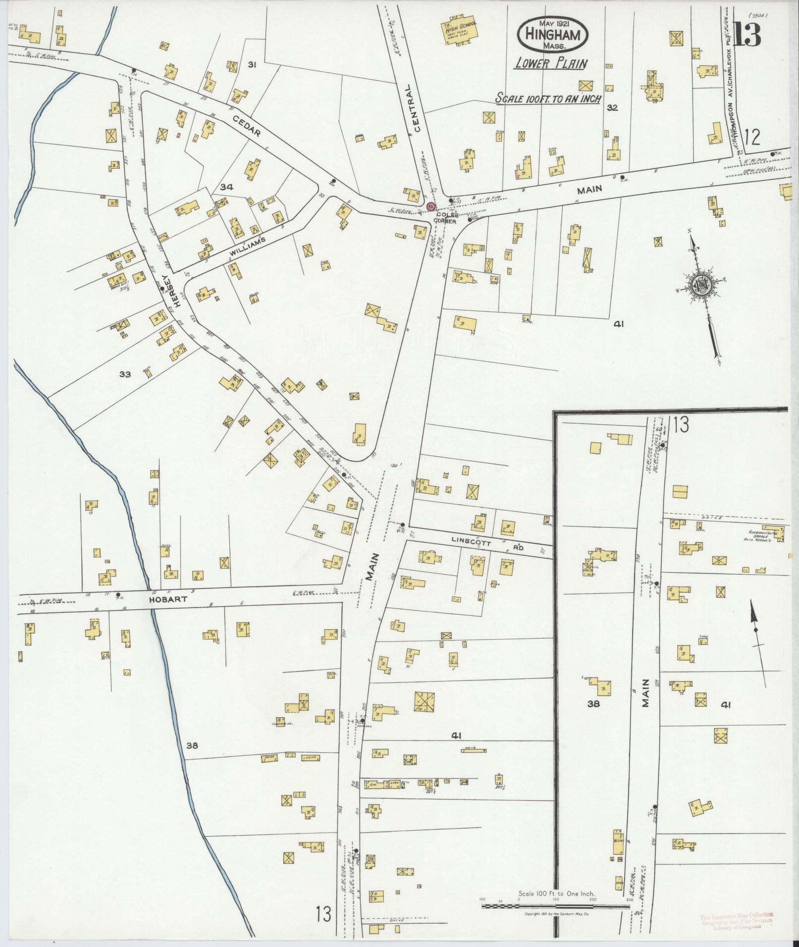 Sanborn Fire Insurance Map from Hingham, Plymouth County, Massachusetts (1921), Sheet #0013 - Complete Map Set gallery image, historic Sanborn map, vintage wall art, Massachusetts Massachusetts