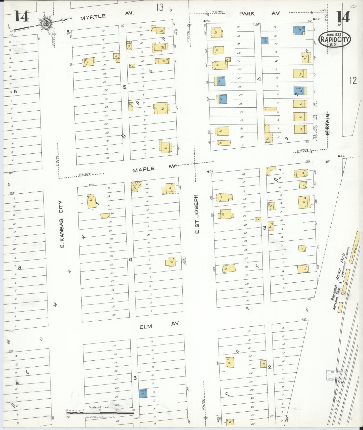 Sanborn Fire Insurance Map from Rapid City, Pennington County, South Dakota (1923), Sheet #0014 - Complete Map Set gallery image, historic Sanborn map, vintage wall art, South Dakota South Dakota
