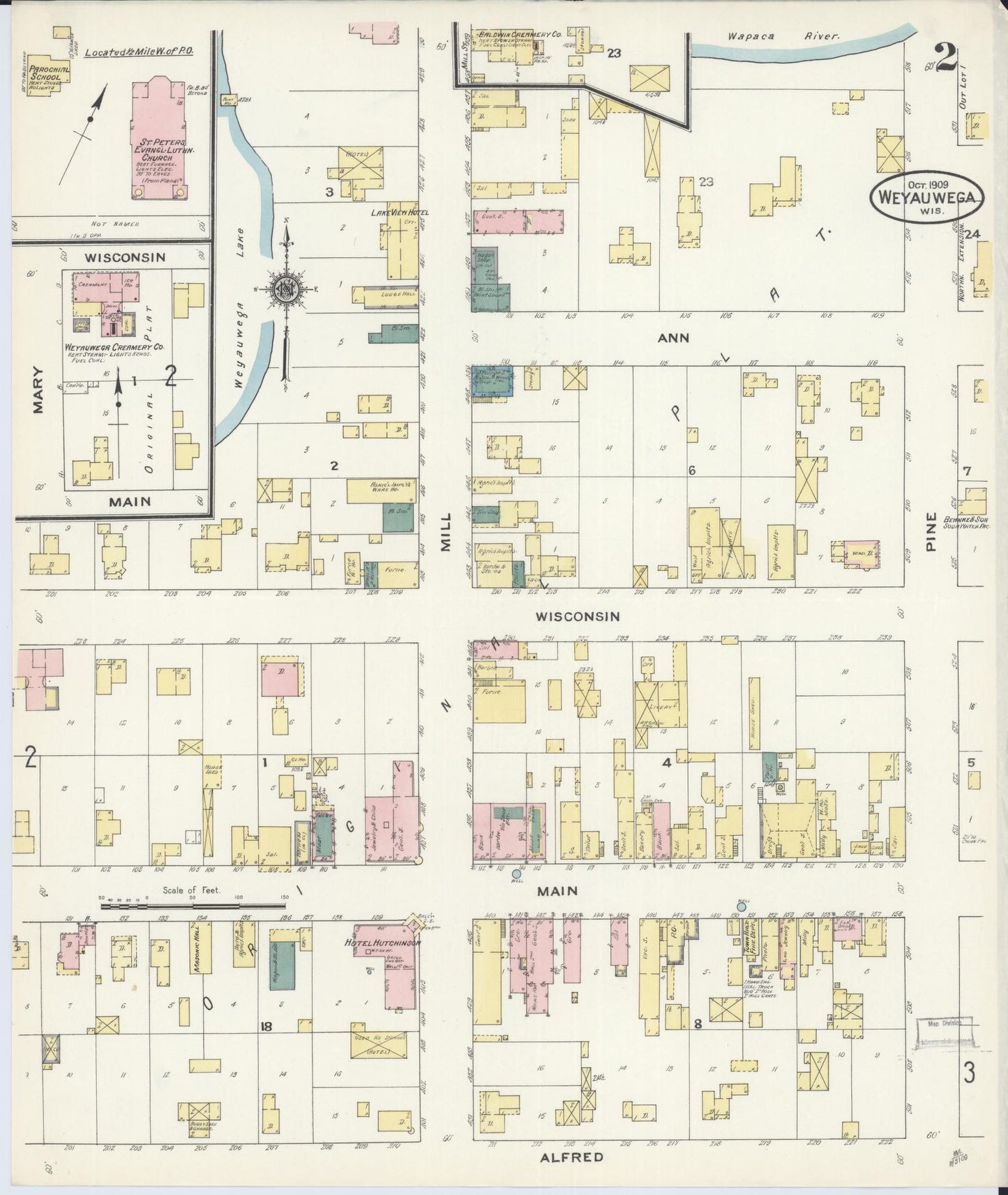 Sanborn Fire Insurance Map from Weyauwega, Waupaca County, Wisconsin (1909), Sheet #0002 - Historic Sanborn Fire Insurance Map Print, vintage old map wall art, antique decor, genealogy gift, Wisconsin Wisconsin map