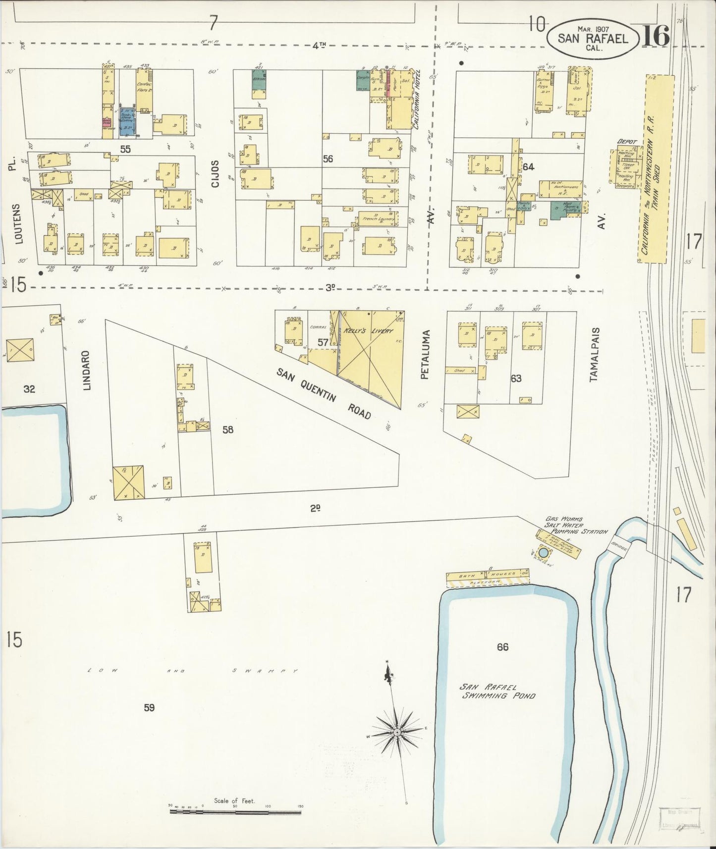 Sanborn Fire Insurance Map from San Rafael, Marin County, California (1907), Sheet #0016 - Complete Map Set gallery image, historic Sanborn map, vintage wall art, California California