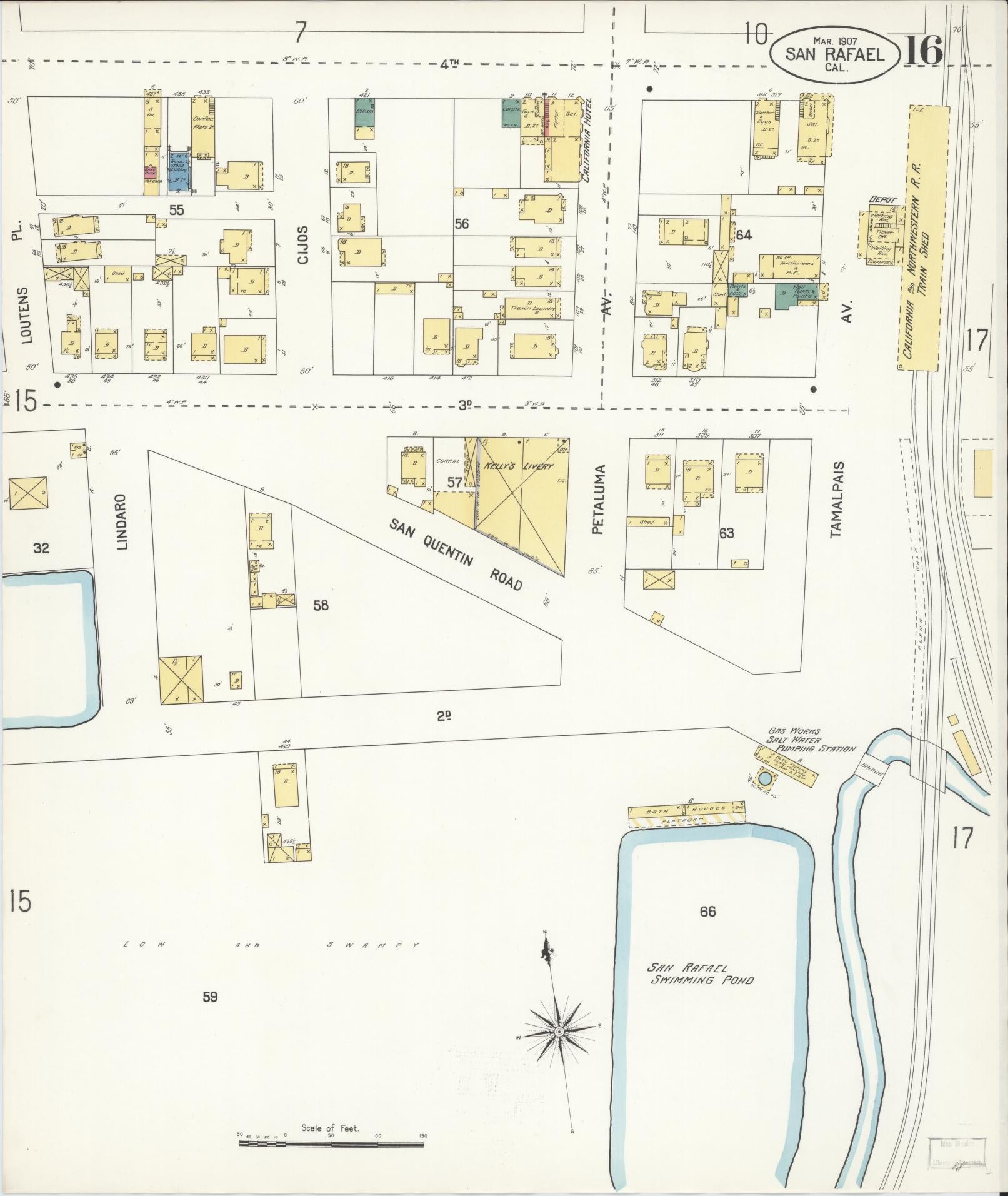 Sanborn Fire Insurance Map from San Rafael, Marin County, California (1907), Sheet #0016 - Complete Map Set gallery image, historic Sanborn map, vintage wall art, California California