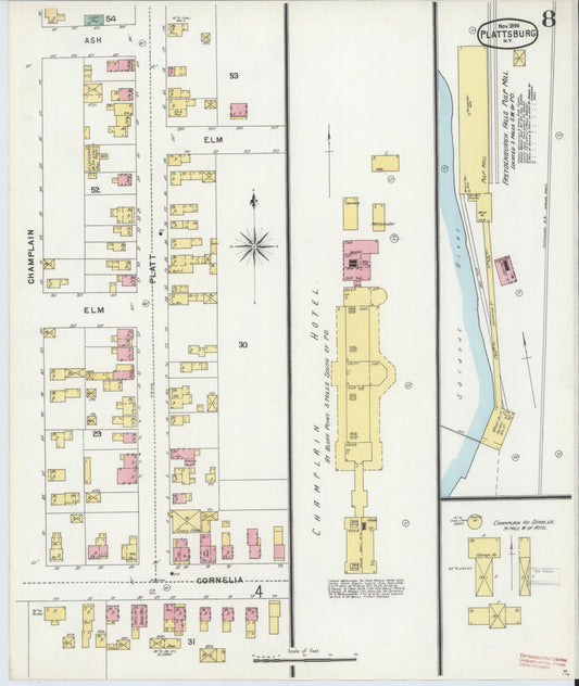 Sanborn Fire Insurance Map from Plattsburg, Clinton County, New York (1896), Sheet #0008 - Historic Sanborn Fire Insurance Map Print, vintage old map wall art, antique decor, genealogy gift, New York New York map