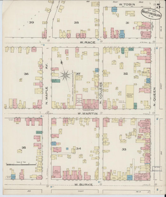 Sanborn Fire Insurance Map from Martinsburg, Berkeley County, West Virginia (1885), Sheet #0005 - Historic Sanborn Fire Insurance Map Print, vintage old map wall art, antique decor, genealogy gift, West Virginia West Virginia map