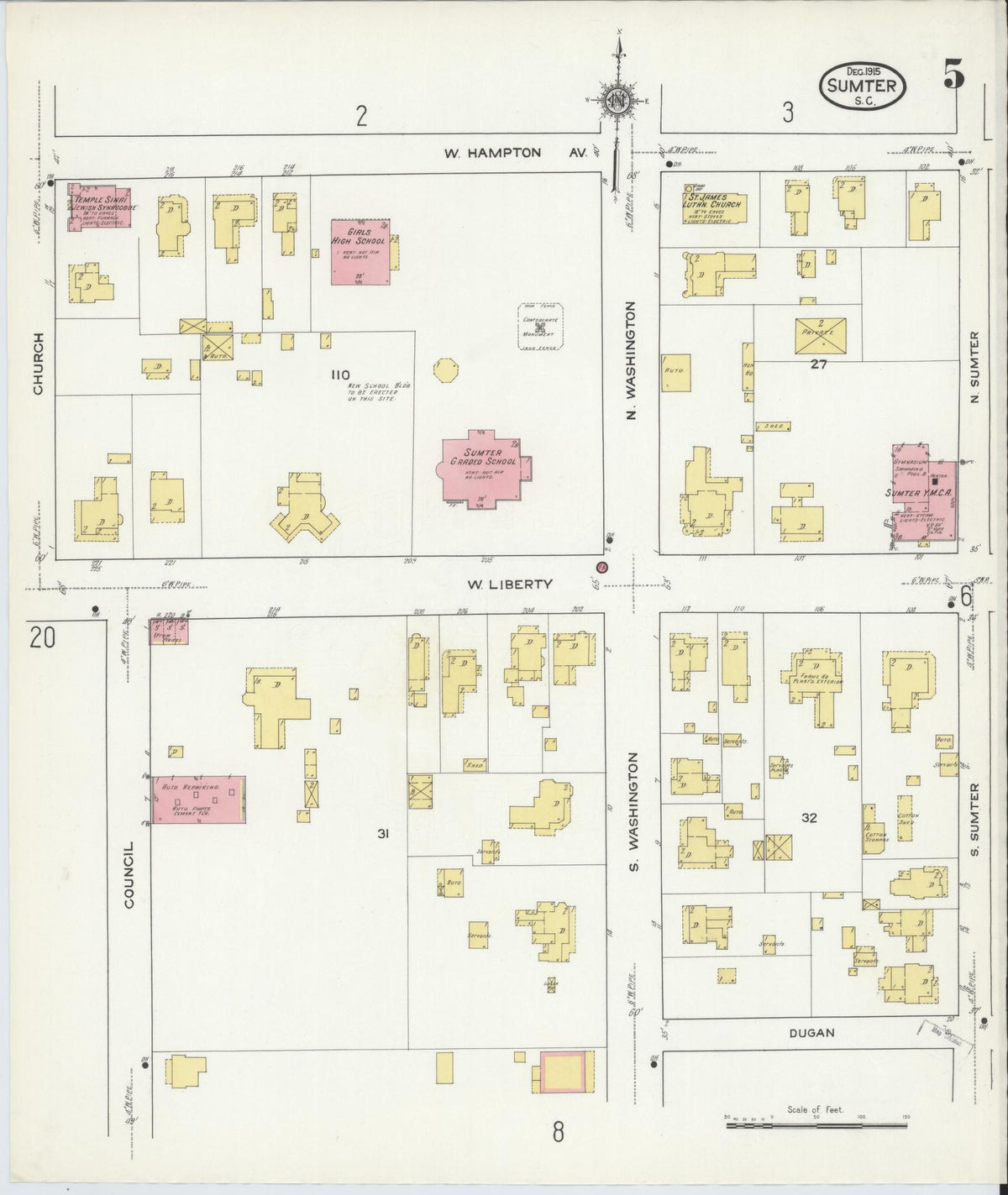 Sanborn Fire Insurance Map from Sumter, Sumter County, South Carolina (1915), Sheet #0005 - Complete Map Set gallery image, historic Sanborn map, vintage wall art, South Carolina South Carolina
