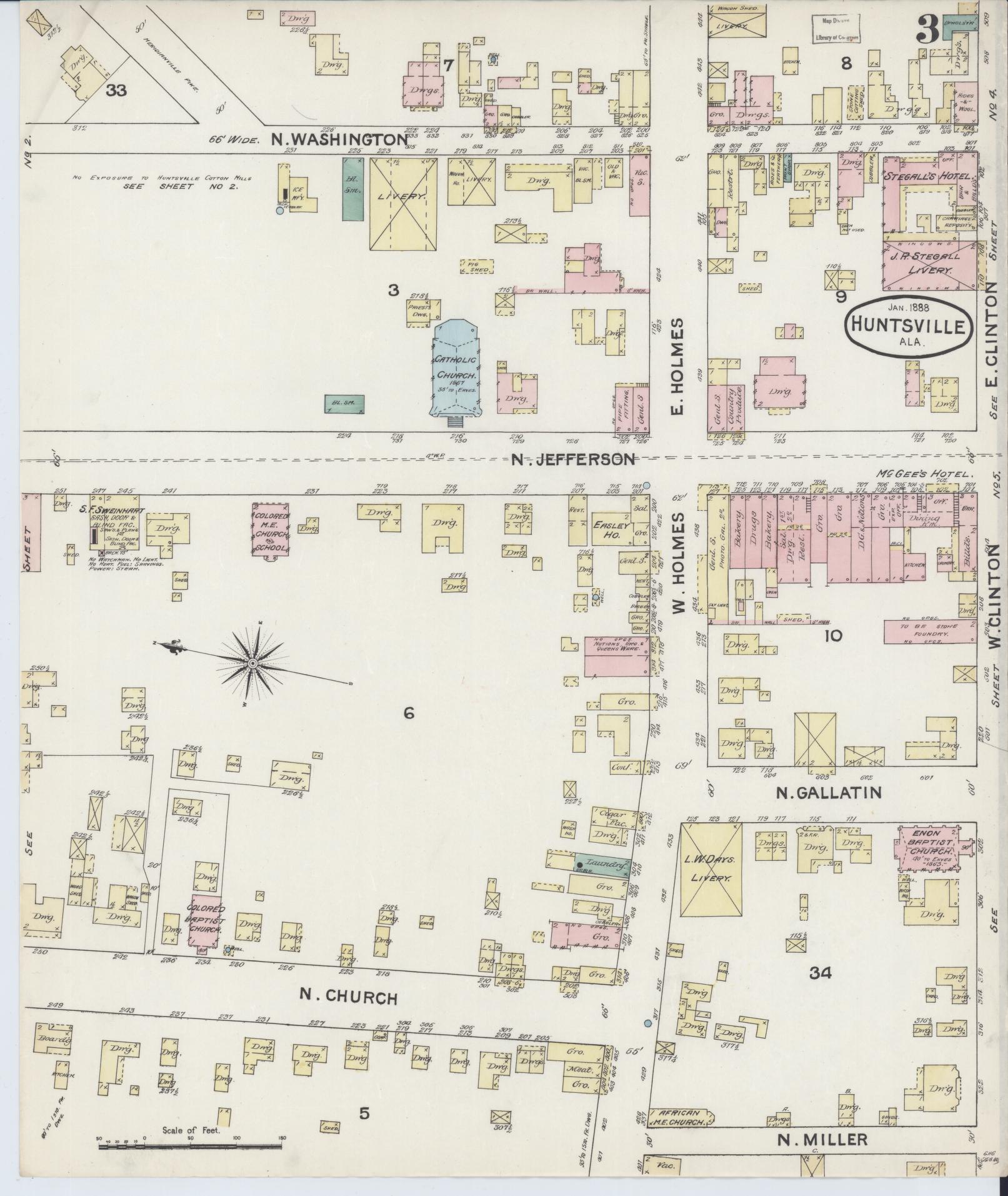 Sanborn Fire Insurance Map from Huntsville, Madison County, Alabama (1888), Sheet #0003 - Historic Sanborn Fire Insurance Map Print, vintage old map wall art, antique decor, genealogy gift, Alabama Alabama map