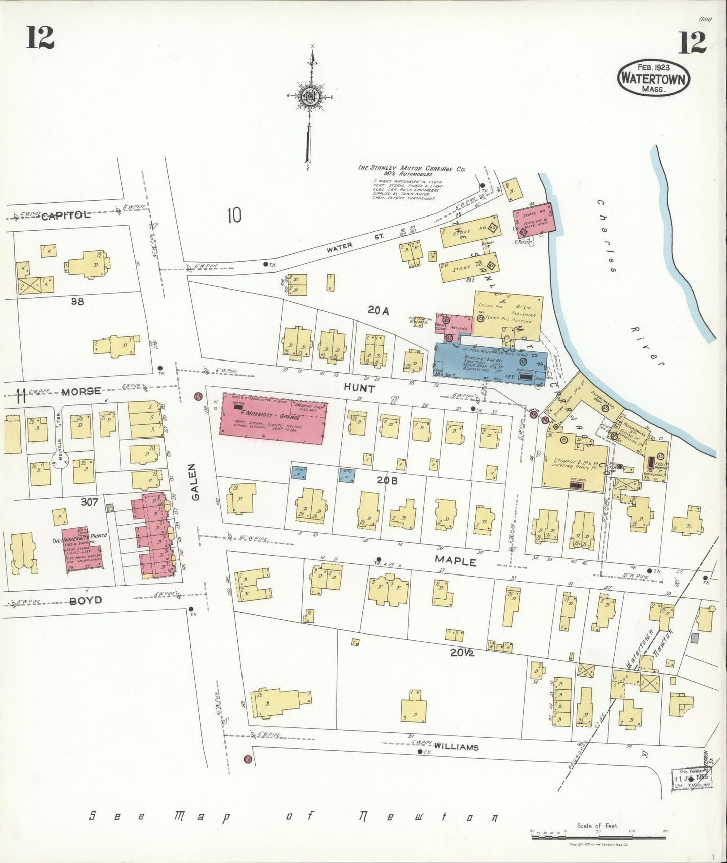 Sanborn Fire Insurance Map from Watertown, Middlesex County, Massachusetts (1923), Sheet #0012 - Historic Sanborn Fire Insurance Map Print, vintage old map wall art, antique decor, genealogy gift, Massachusetts Massachusetts map