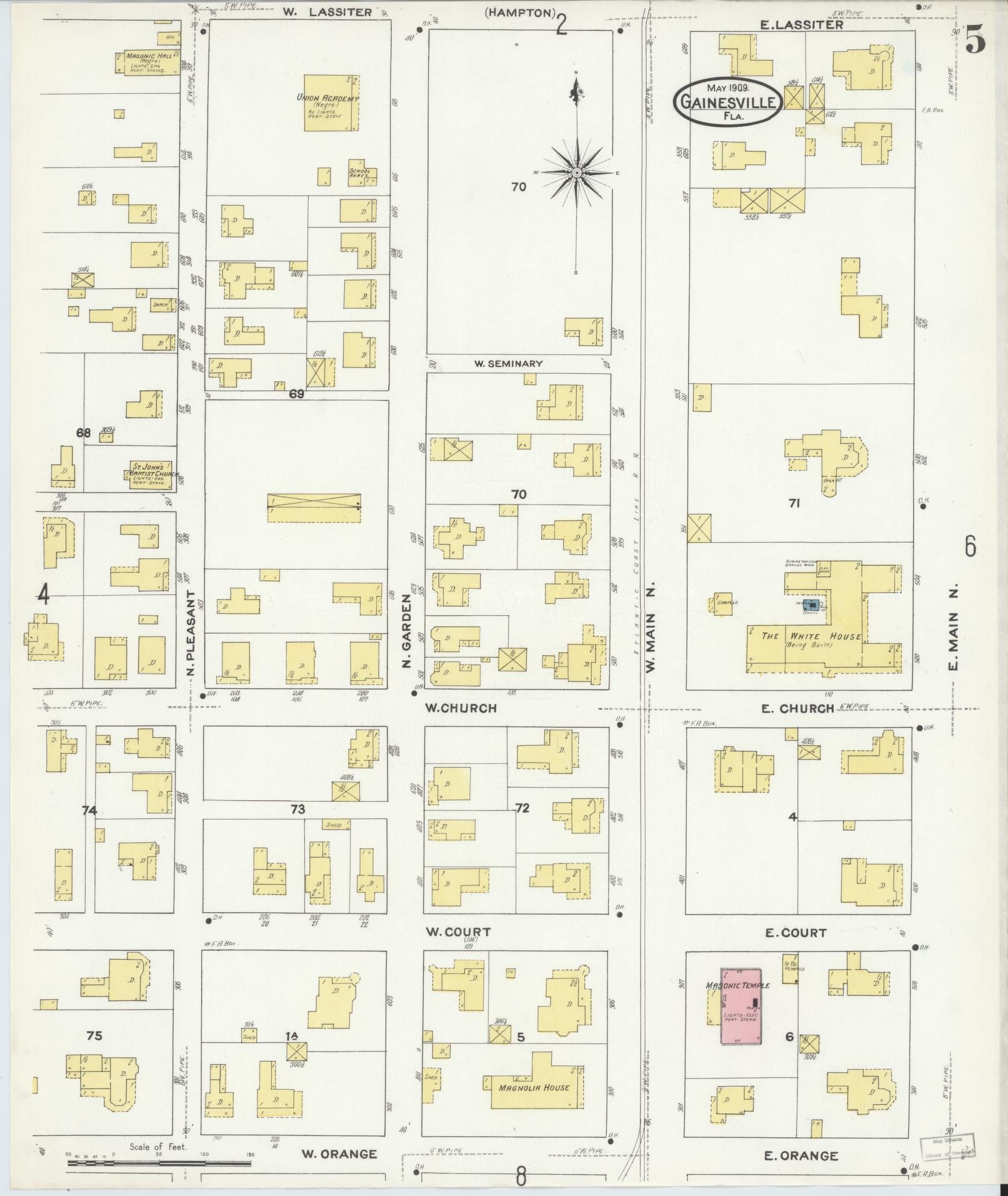 Sanborn Fire Insurance Map from Gainesville, Alachua County, Florida (1909), Sheet #0005 - Complete Map Set gallery image, historic Sanborn map, vintage wall art, Florida Florida