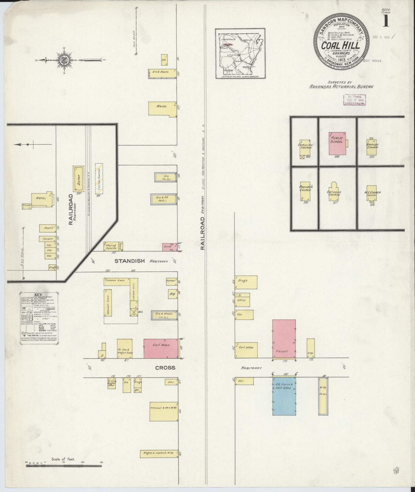 Sanborn Fire Insurance Map from Coal Hill, Johnson County, Arkansas (1913), Sheet #0001 - Historic Sanborn Fire Insurance Map Print, vintage old map wall art, antique decor, genealogy gift, Arkansas Arkansas map