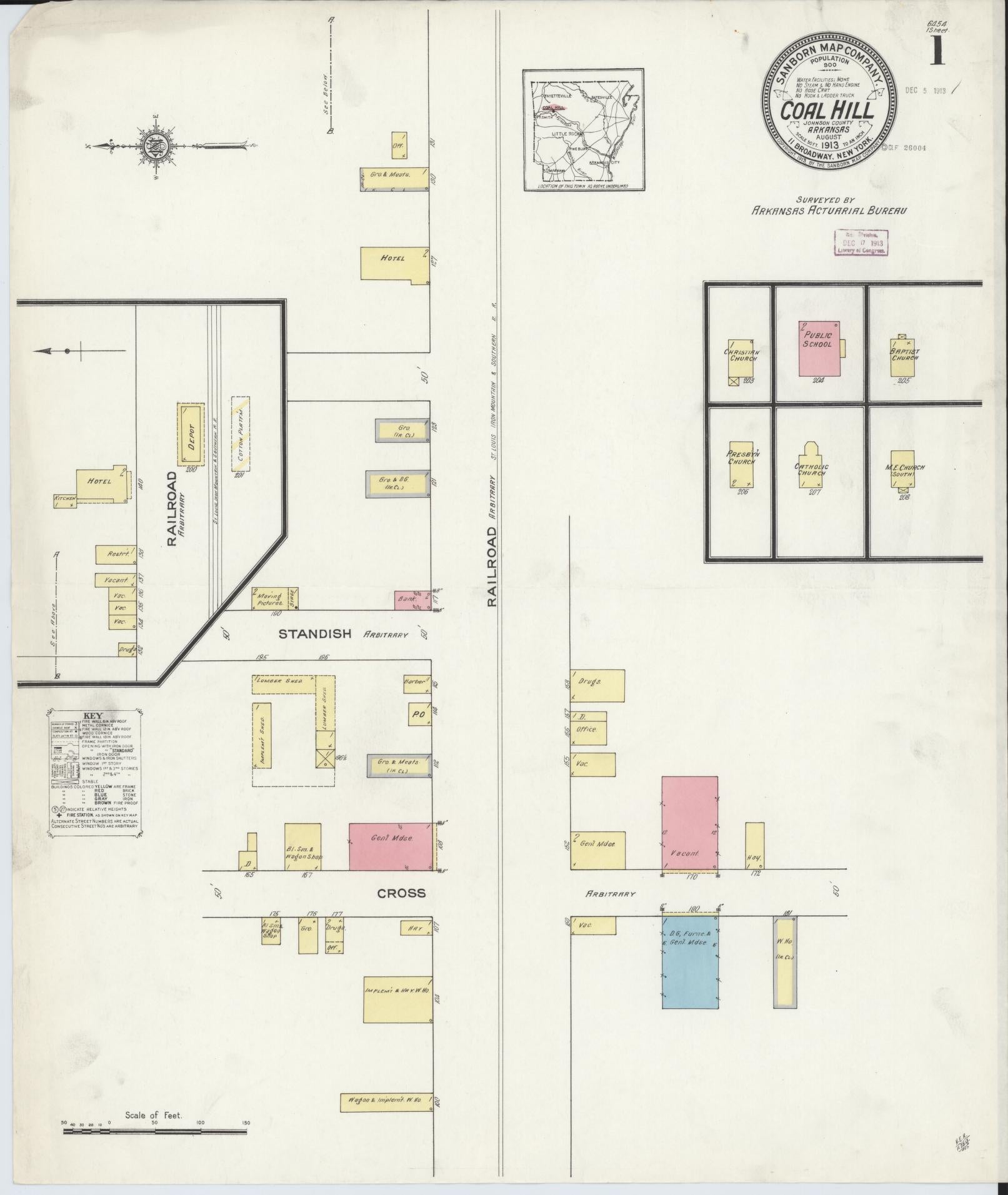 Sanborn Fire Insurance Map from Coal Hill, Johnson County, Arkansas (1913), Sheet #0001 - Historic Sanborn Fire Insurance Map Print, vintage old map wall art, antique decor, genealogy gift, Arkansas Arkansas map