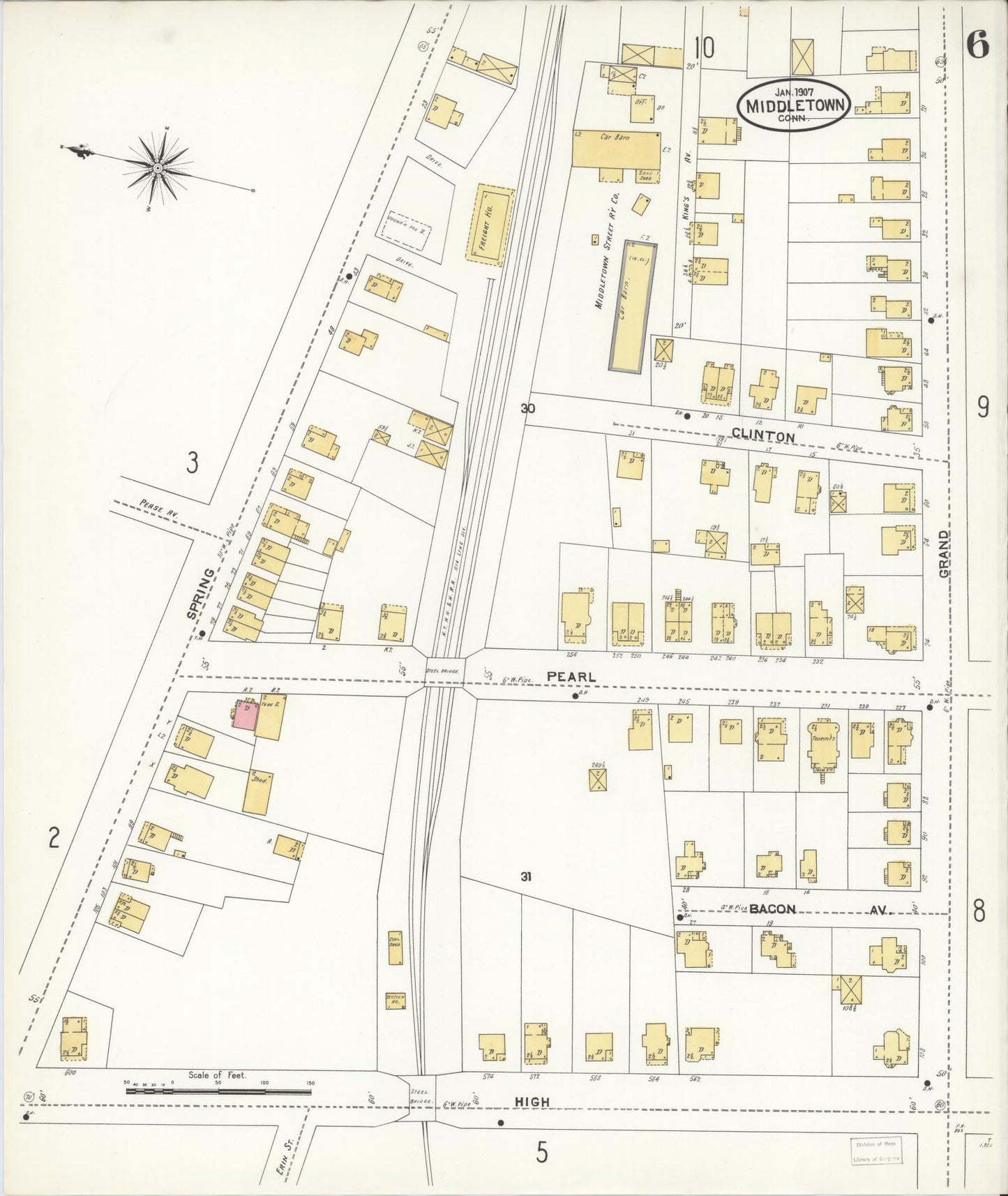 Sanborn Fire Insurance Map from Middletown, Middlesex County, Connecticut (1907), Sheet #0006 - Historic Sanborn Fire Insurance Map Print, vintage old map wall art, antique decor, genealogy gift, Connecticut Connecticut map