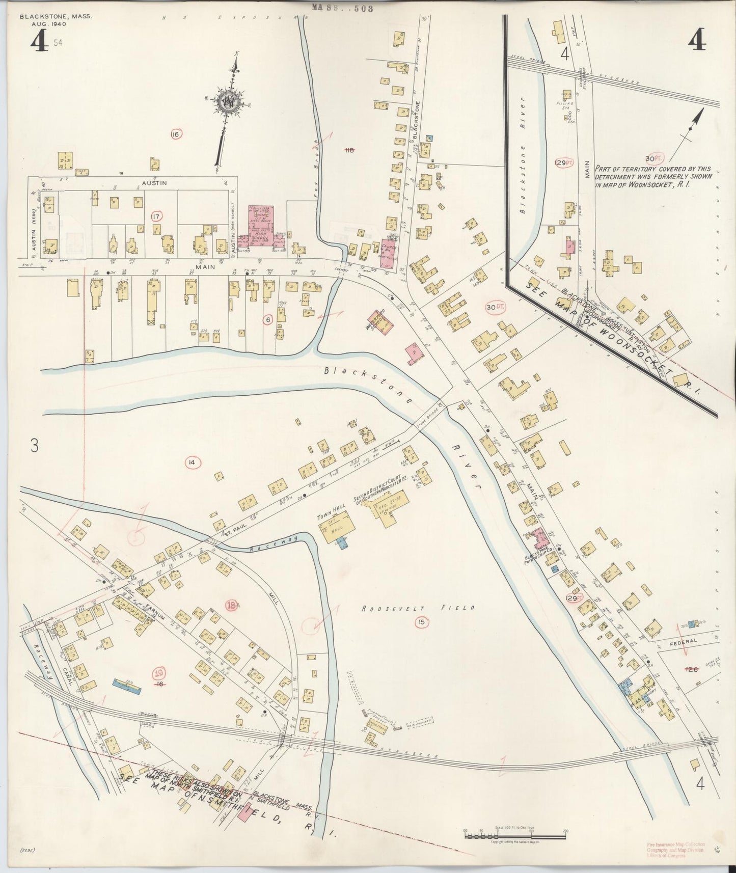 Sanborn Fire Insurance Map from Blackstone, Worcester County, Massachusetts (1948), Sheet #0004 - Historic Sanborn Fire Insurance Map Print, vintage old map wall art, antique decor, genealogy gift, Massachusetts Massachusetts map