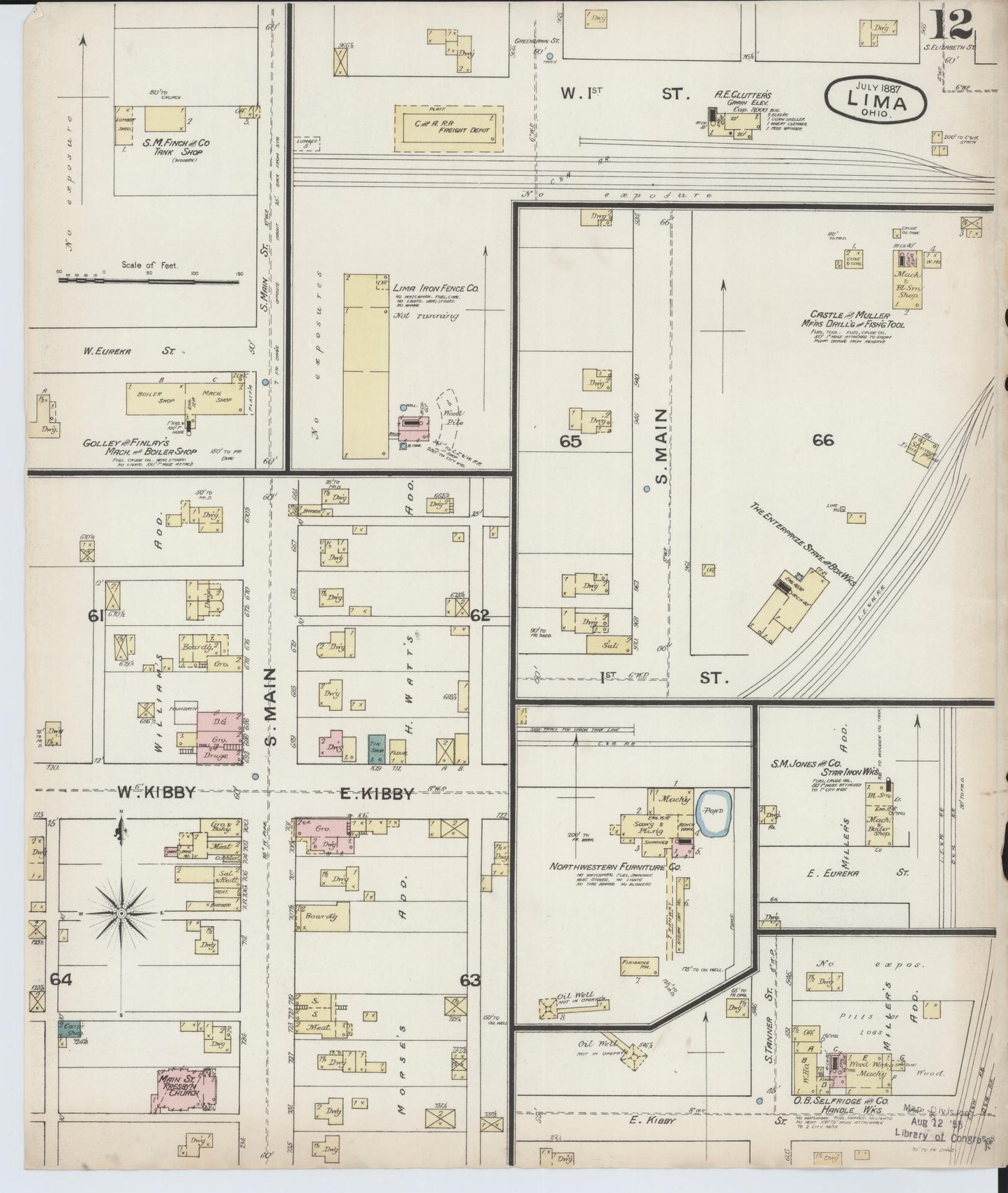 Sanborn Fire Insurance Map from Lima, Allen County, Ohio (1887), Sheet #0012 - Historic Sanborn Fire Insurance Map Print, vintage old map wall art, antique decor, genealogy gift, Ohio Ohio map