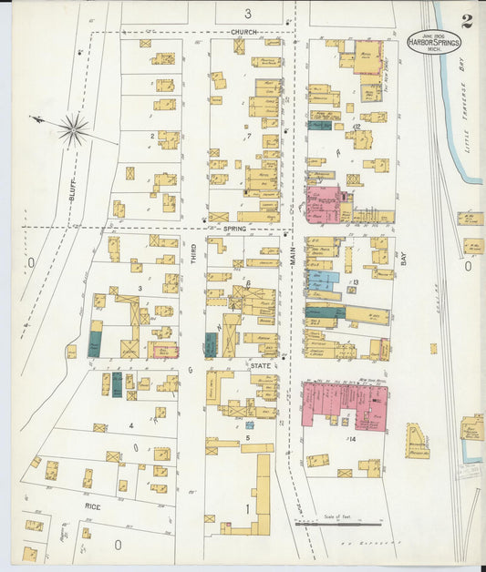 Sanborn Fire Insurance Map from Harbor Springs, Emmet County, Michigan (1906), Sheet #0002 - Historic Sanborn Fire Insurance Map Print, vintage old map wall art, antique decor, genealogy gift, Michigan Michigan map