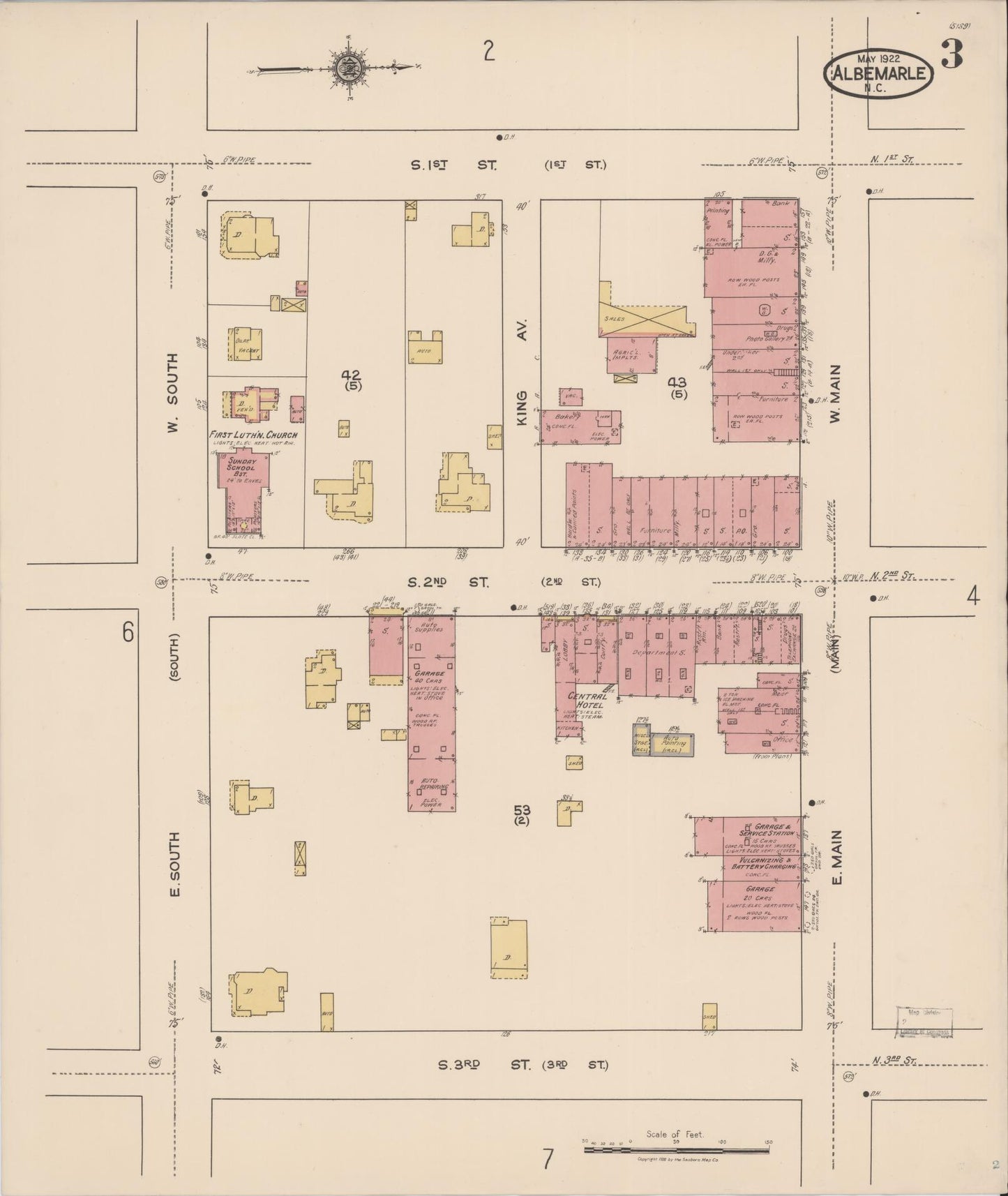 Sanborn Fire Insurance Map from Albemarle, Stanley County, North Carolina (1922), Sheet #0003 - Historic Sanborn Fire Insurance Map Print, vintage old map wall art, antique decor, genealogy gift, North Carolina North Carolina map