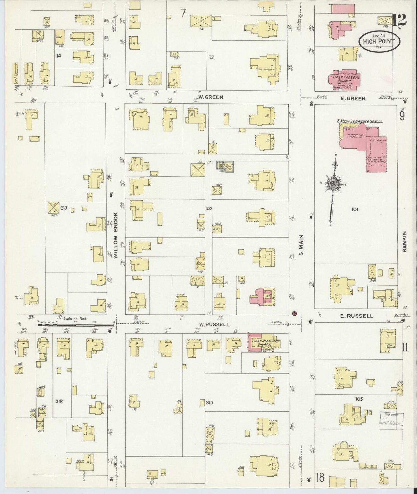 Sanborn Fire Insurance Map from High Point, Guilford County, North Carolina (1911), Sheet #0012 - Complete Map Set gallery image, historic Sanborn map, vintage wall art, North Carolina North Carolina