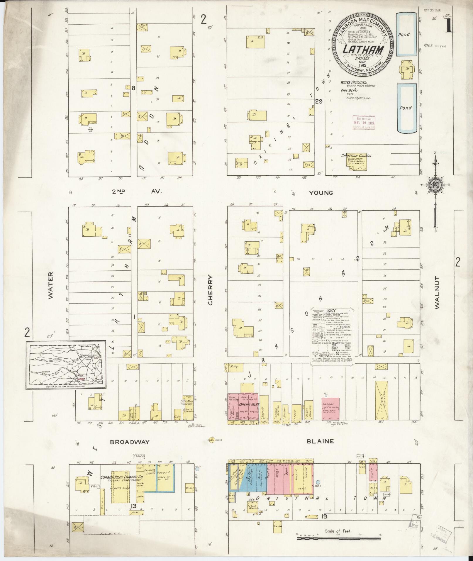 Sanborn Fire Insurance Map from Latham, Butler County, Kansas (1915), Sheet #0001 - Historic Sanborn Fire Insurance Map Print, vintage old map wall art, antique decor, genealogy gift, Kansas Kansas map