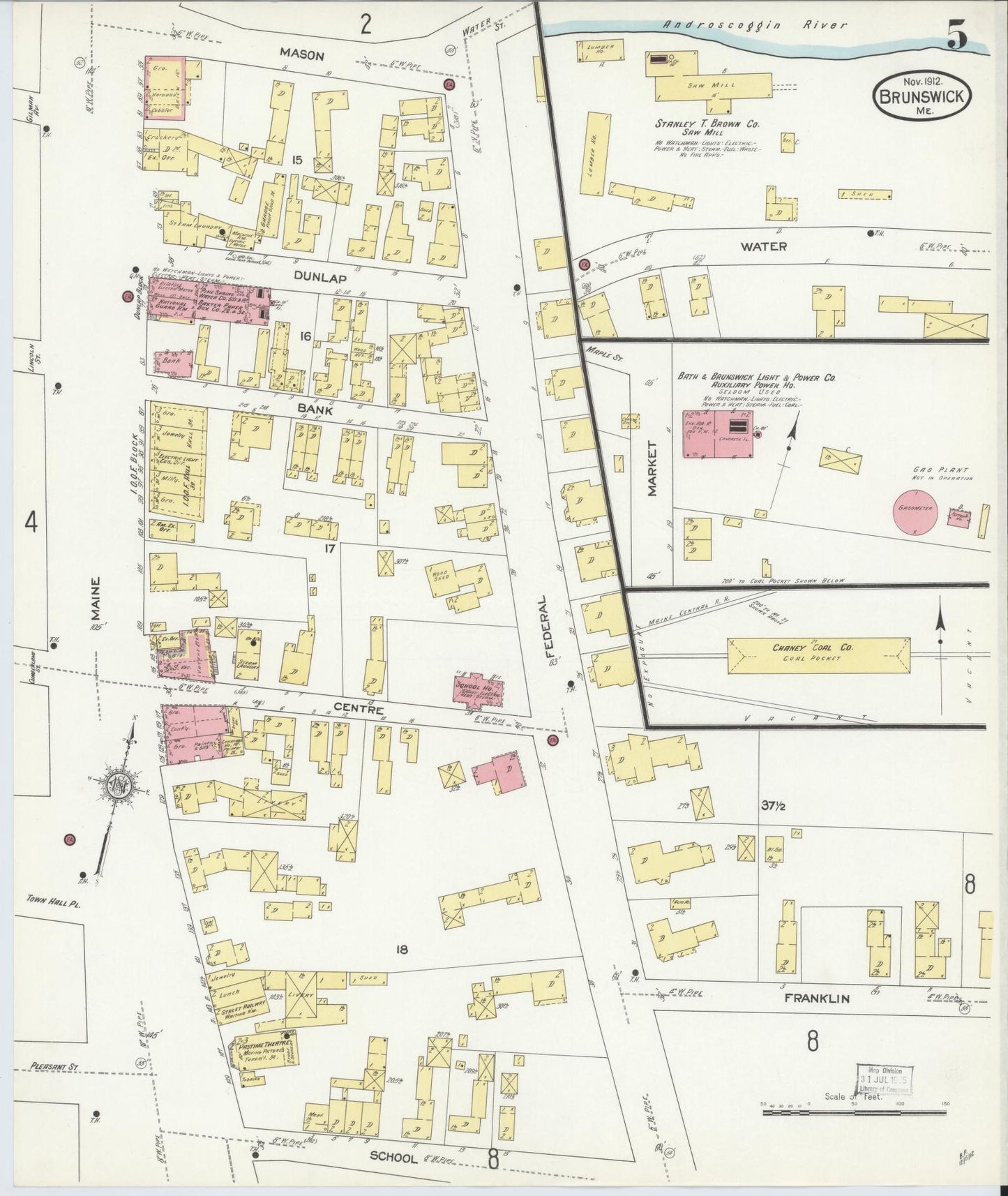 Sanborn Fire Insurance Map from Brunswick, Cumberland County, Maine (1912), Sheet #0005 - Complete Map Set gallery image, historic Sanborn map, vintage wall art, Maine Maine