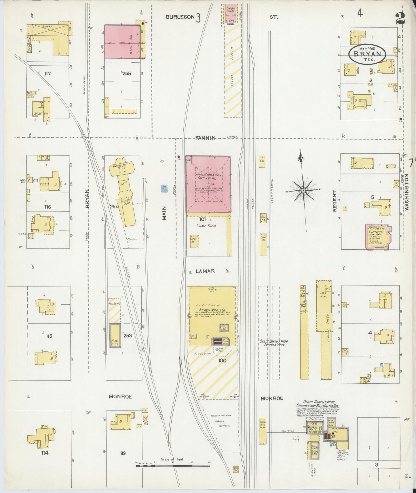Sanborn Fire Insurance Map from Bryan, Brazos County, Texas (1906), Sheet #0002 - Historic Sanborn Fire Insurance Map Print, vintage old map wall art, antique decor, genealogy gift, Texas Texas map