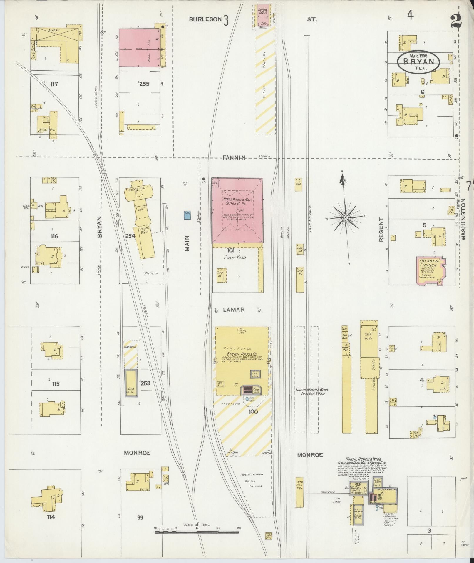 Sanborn Fire Insurance Map from Bryan, Brazos County, Texas (1906), Sheet #0002 - Historic Sanborn Fire Insurance Map Print, vintage old map wall art, antique decor, genealogy gift, Texas Texas map