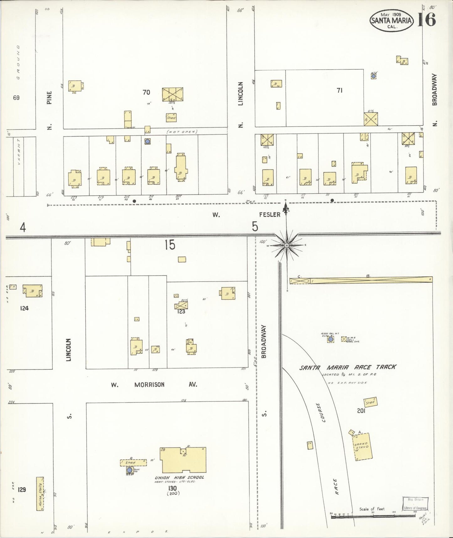 Sanborn Fire Insurance Map from Santa Maria, Santa Barbara County, California (1909), Sheet #0016 - Complete Map Set gallery image, historic Sanborn map, vintage wall art, California California