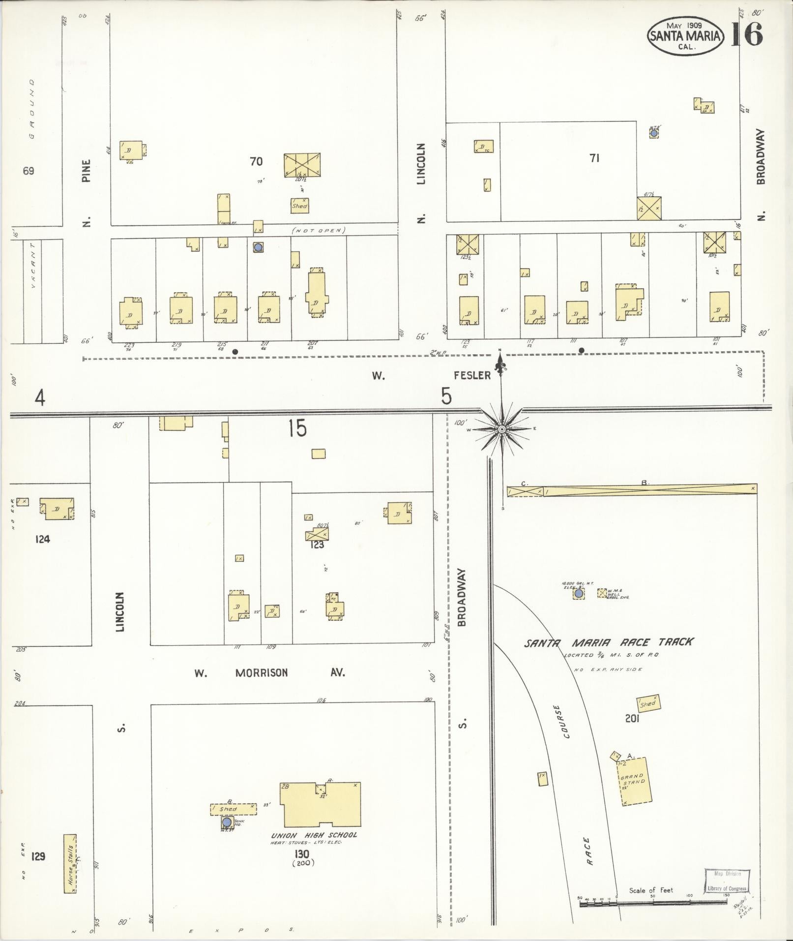 Sanborn Fire Insurance Map from Santa Maria, Santa Barbara County, California (1909), Sheet #0016 - Complete Map Set gallery image, historic Sanborn map, vintage wall art, California California