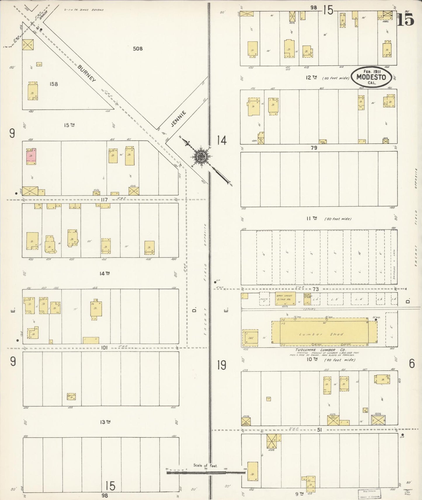 Sanborn Fire Insurance Map from Modesto, Stanislaus County, California (1911), Sheet #0015 - Complete Map Set gallery image, historic Sanborn map, vintage wall art, California California