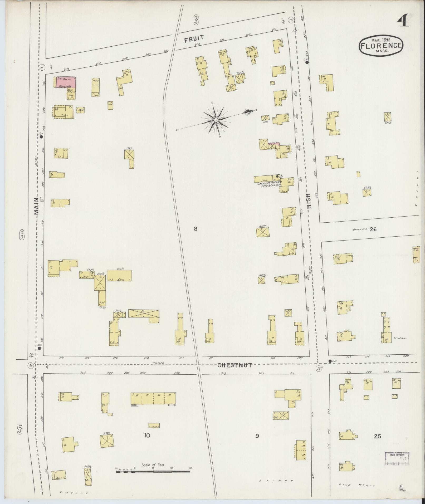 Sanborn Fire Insurance Map from Florence, Hampshire County, Massachusetts (1895), Sheet #0004 - Historic Sanborn Fire Insurance Map Print, vintage old map wall art, antique decor, genealogy gift, Massachusetts Massachusetts map