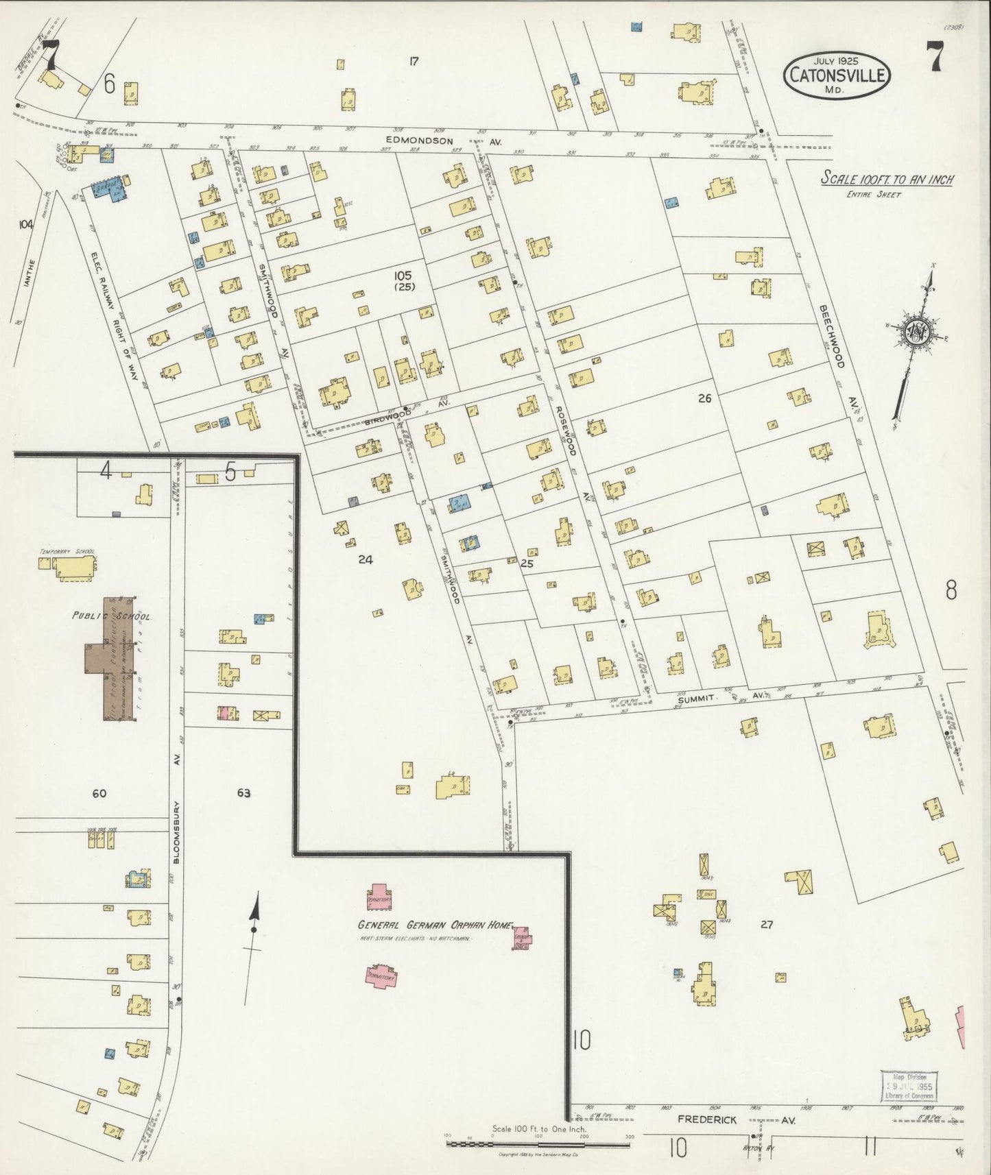 Sanborn Fire Insurance Map from Catonsville, Baltimore County, Maryland (1925), Sheet #0007 - Complete Map Set gallery image, historic Sanborn map, vintage wall art, Maryland Maryland