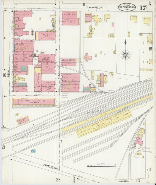 Sanborn Fire Insurance Map from Greensboro, Guilford County, North Carolina (1907), Sheet #0017 - Historic Sanborn Fire Insurance Map Print, vintage old map wall art, antique decor, genealogy gift, North Carolina North Carolina map