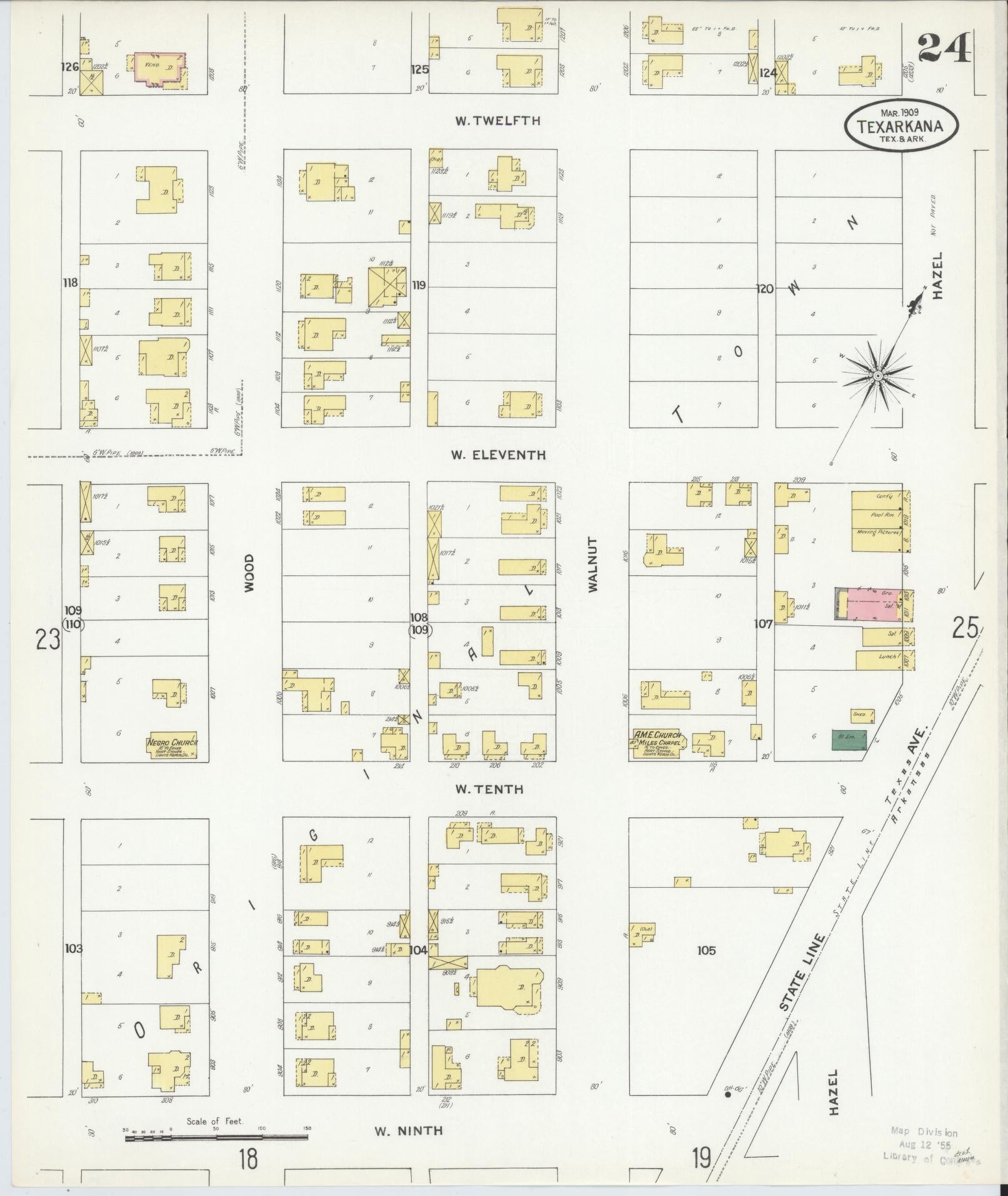 Sanborn Fire Insurance Map from Texarkana, Bowie County, Texas (1909), Sheet #0024 - Complete Map Set gallery image, historic Sanborn map, vintage wall art, Texas Texas