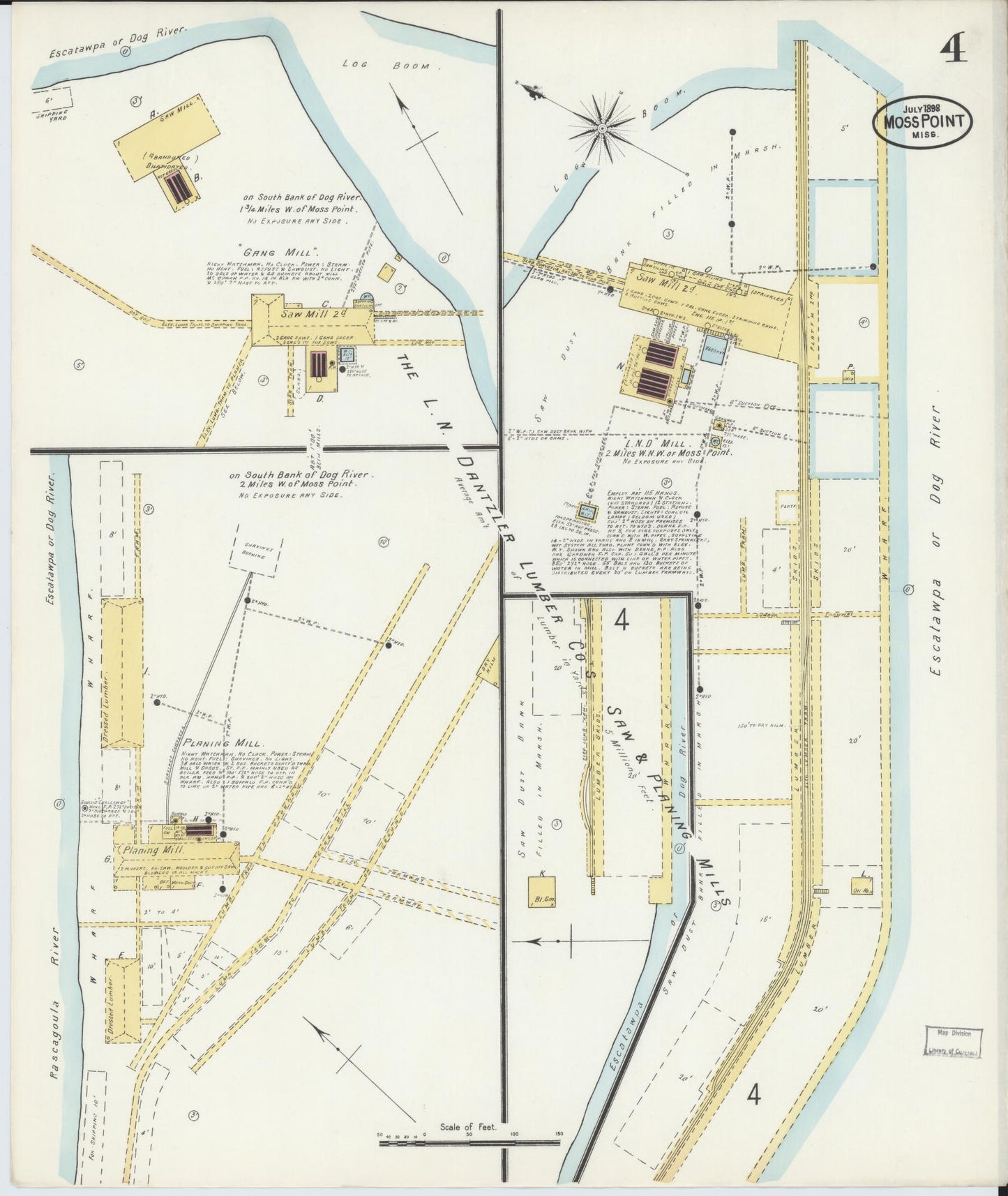 Sanborn Fire Insurance Map from Moss Point, Jackson County, Mississippi (1898), Sheet #0004 - Historic Sanborn Fire Insurance Map Print, vintage old map wall art, antique decor, genealogy gift, Mississippi Mississippi map