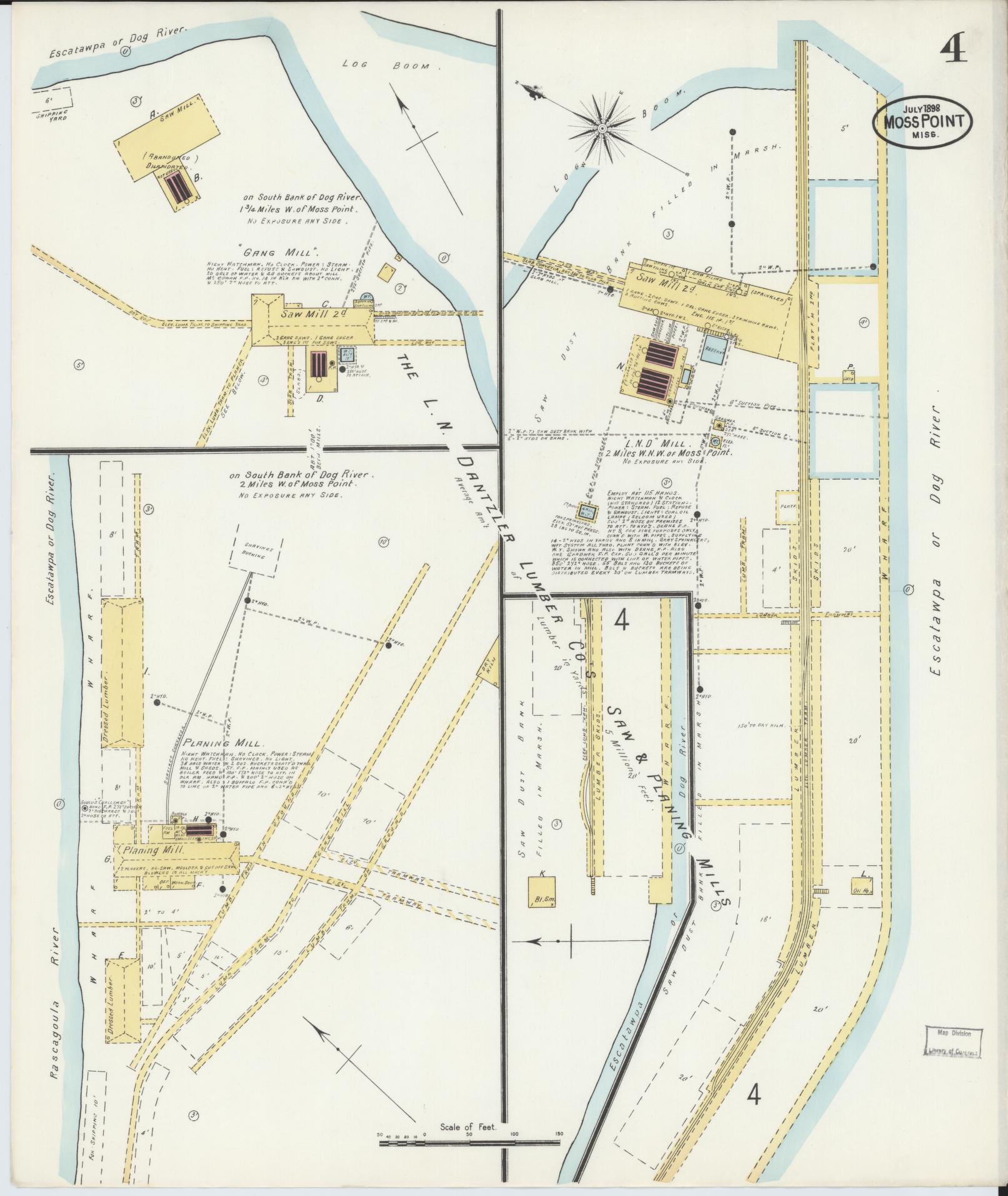 Sanborn Fire Insurance Map from Moss Point, Jackson County, Mississippi (1898), Sheet #0004 - Historic Sanborn Fire Insurance Map Print, vintage old map wall art, antique decor, genealogy gift, Mississippi Mississippi map