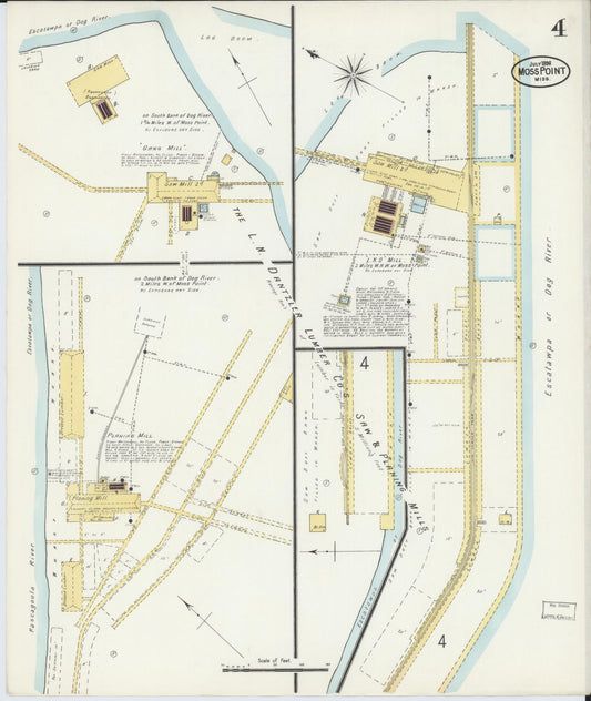 Sanborn Fire Insurance Map from Moss Point, Jackson County, Mississippi (1898), Sheet #0004 - Historic Sanborn Fire Insurance Map Print, vintage old map wall art, antique decor, genealogy gift, Mississippi Mississippi map