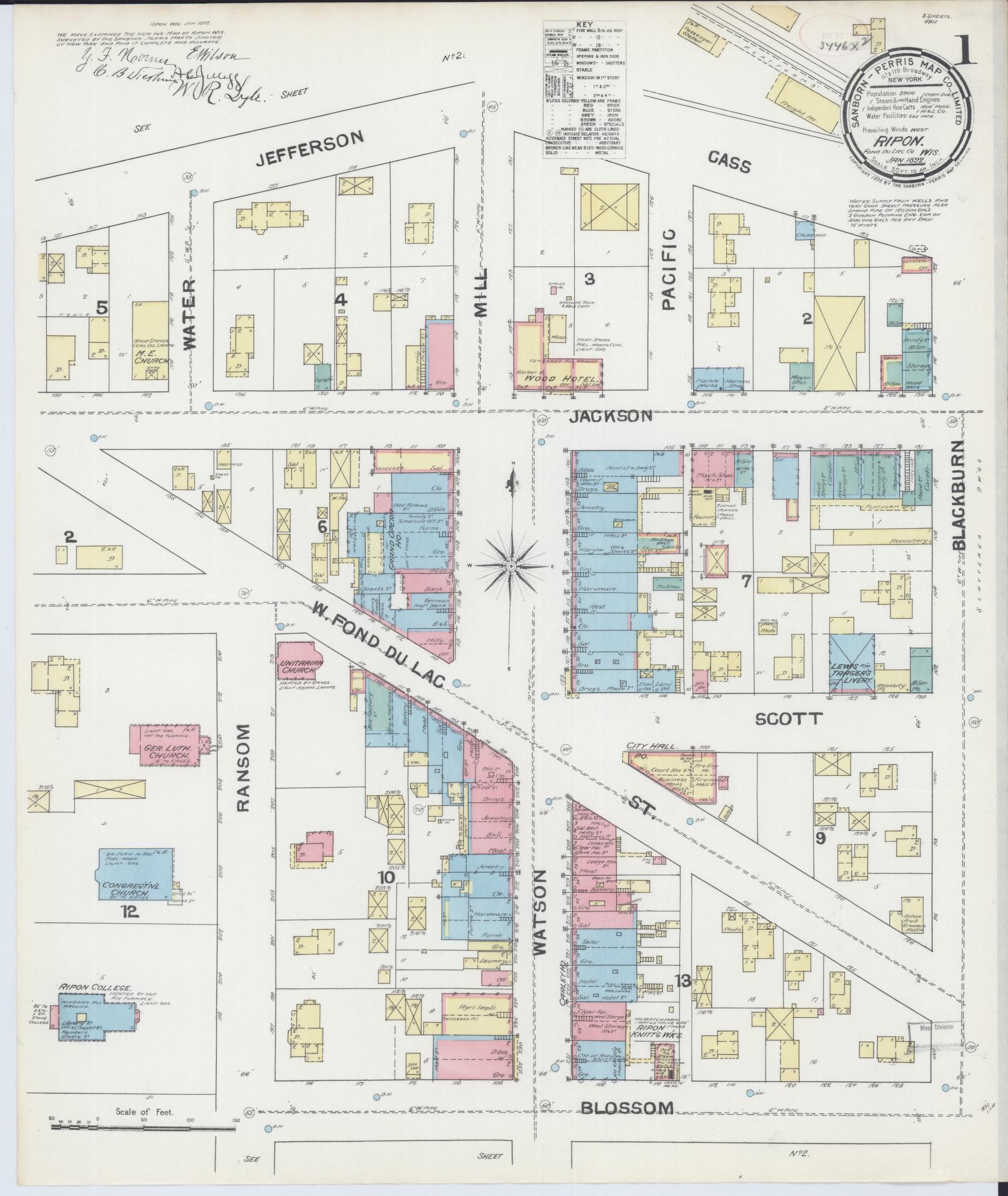 Sanborn Fire Insurance Map from Ripon, Fond du Lac County, Wisconsin (1892), Sheet #0001 - Complete Map Set gallery image, historic Sanborn map, vintage wall art, Wisconsin Wisconsin