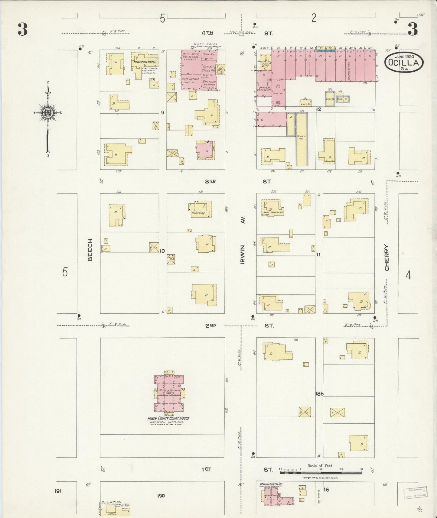 Sanborn Fire Insurance Map from Ocilla, Irwin County, Georgia (1924), Sheet #0003 - Complete Map Set gallery image, historic Sanborn map, vintage wall art, Georgia Georgia