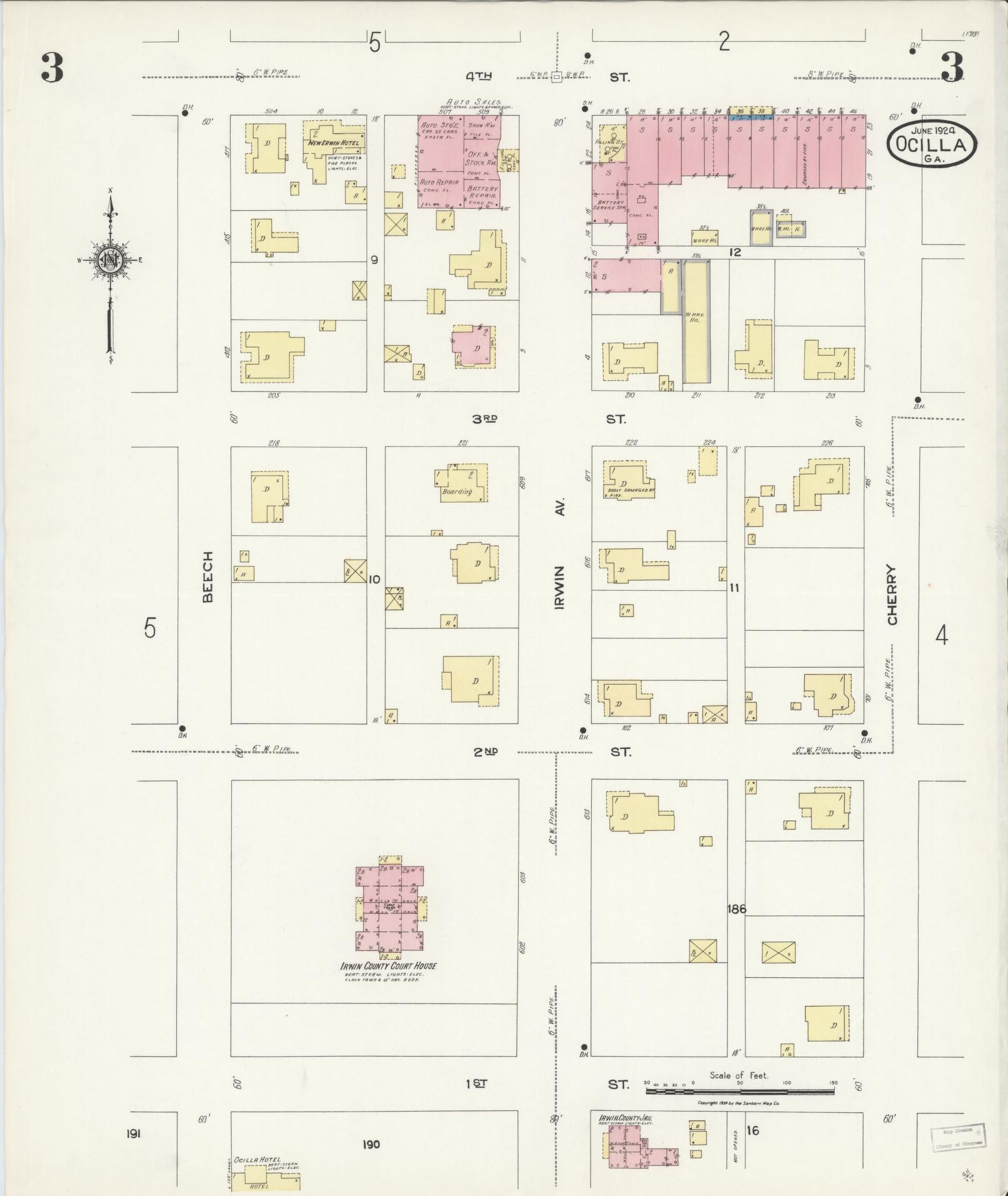Sanborn Fire Insurance Map from Ocilla, Irwin County, Georgia (1924), Sheet #0003 - Complete Map Set gallery image, historic Sanborn map, vintage wall art, Georgia Georgia