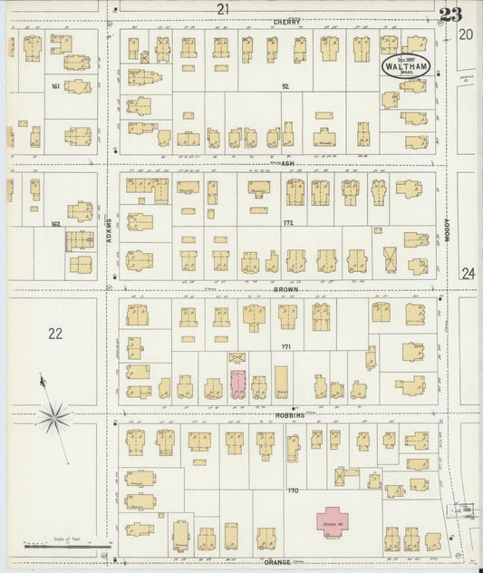 Sanborn Fire Insurance Map from Waltham, Middlesex County, Massachusetts (1897), Sheet #0023 - Historic Sanborn Fire Insurance Map Print, vintage old map wall art, antique decor, genealogy gift, Massachusetts Massachusetts map
