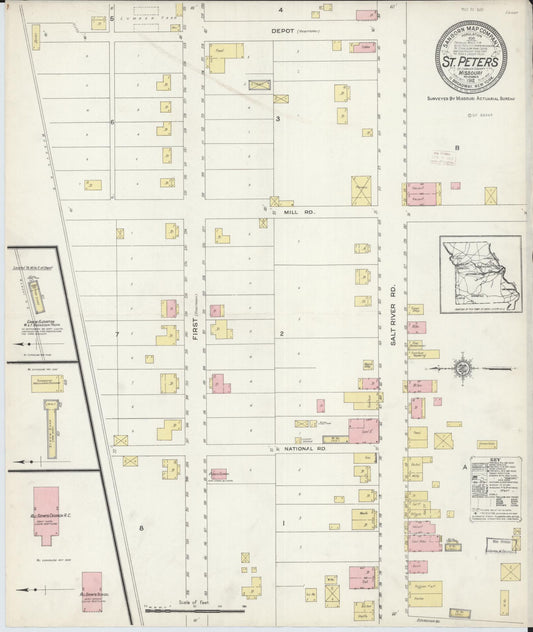 Sanborn Fire Insurance Map from Saint Peters, Saint Charles County, Missouri (1912), Sheet #0001 - Historic Sanborn Fire Insurance Map Print, vintage old map wall art, antique decor, genealogy gift, Missouri Missouri map