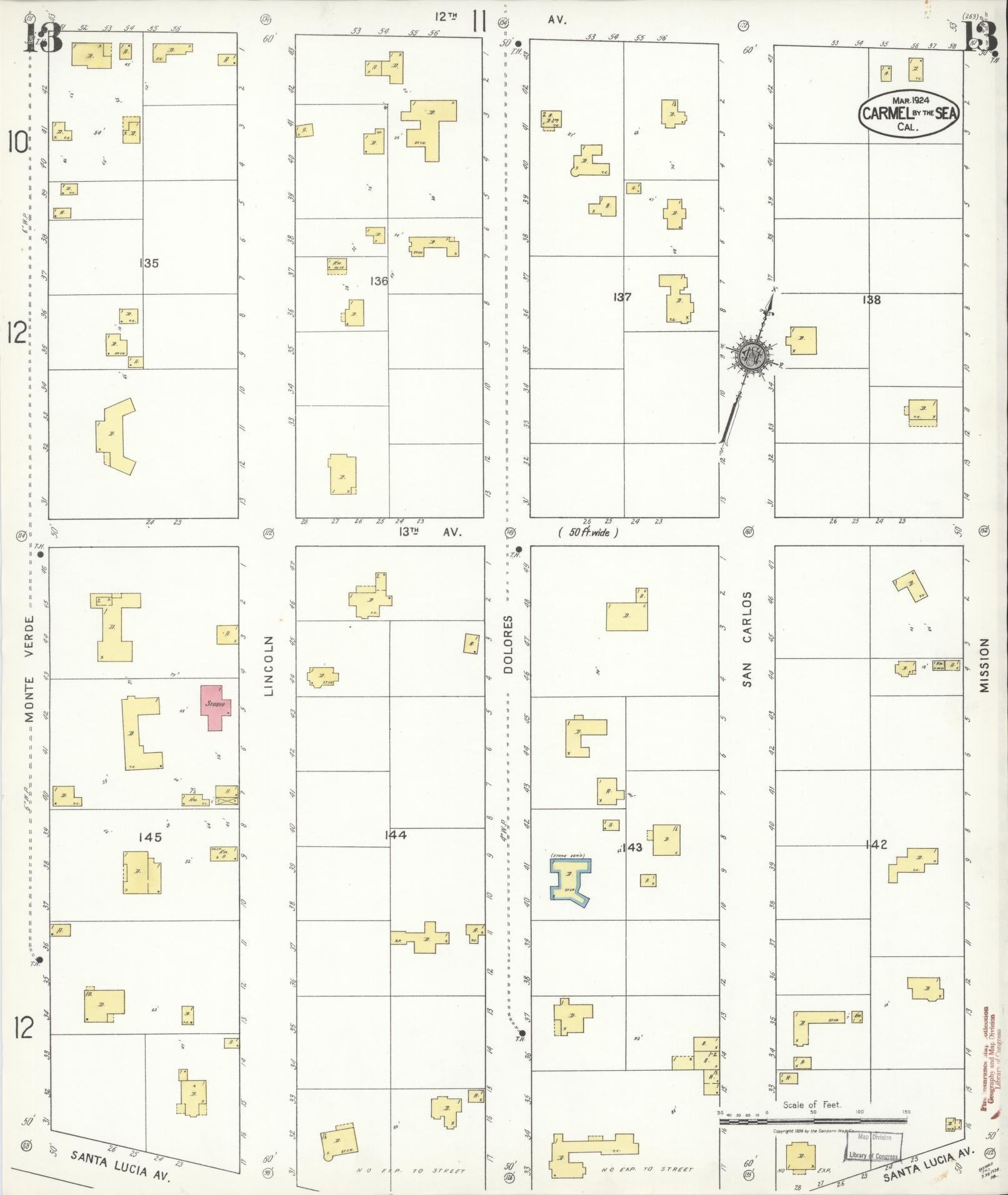 Sanborn Fire Insurance Map from Carmel By The Sea, Monterey County, California (1924), Sheet #0013 - Historic Sanborn Fire Insurance Map Print, vintage old map wall art, antique decor, genealogy gift, California California map
