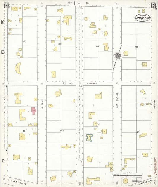 Sanborn Fire Insurance Map from Carmel By The Sea, Monterey County, California (1924), Sheet #0013 - Historic Sanborn Fire Insurance Map Print, vintage old map wall art, antique decor, genealogy gift, California California map
