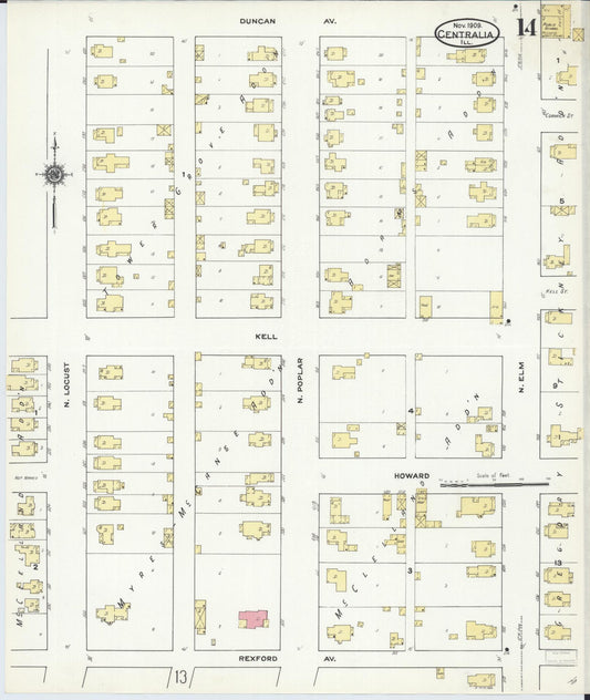 Sanborn Fire Insurance Map from Centralia, Marion, Clinton, Jefferson, and Washington Counties, Illinois (1909), Sheet #0014 - Historic Sanborn Fire Insurance Map Print, vintage old map wall art, antique decor, genealogy gift, Illinois Illinois map