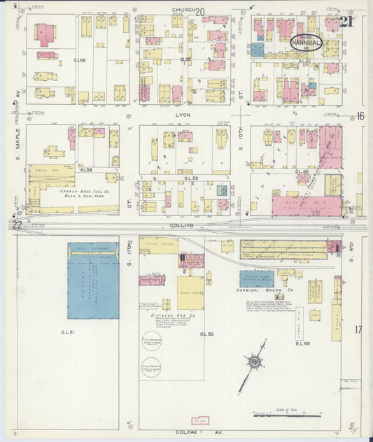 Sanborn Fire Insurance Map from Hannibal, Marion County, Missouri (1913), Sheet #0021 - Historic Sanborn Fire Insurance Map Print, vintage old map wall art, antique decor, genealogy gift, Missouri Missouri map