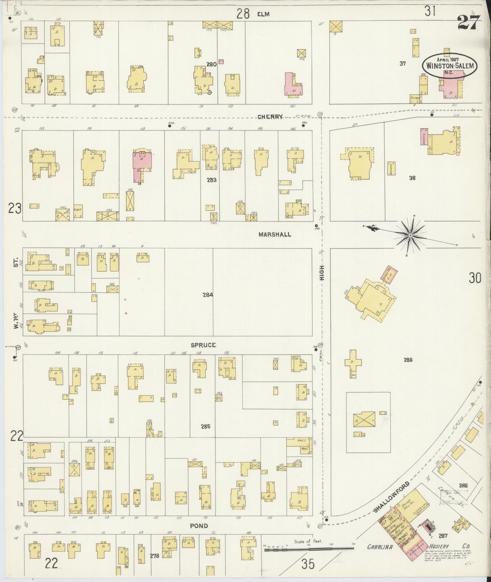 Sanborn Fire Insurance Map from Winston-Salem, Forsyth County, North Carolina (1907), Sheet #0027 - Complete Map Set gallery image, historic Sanborn map, vintage wall art, North Carolina North Carolina