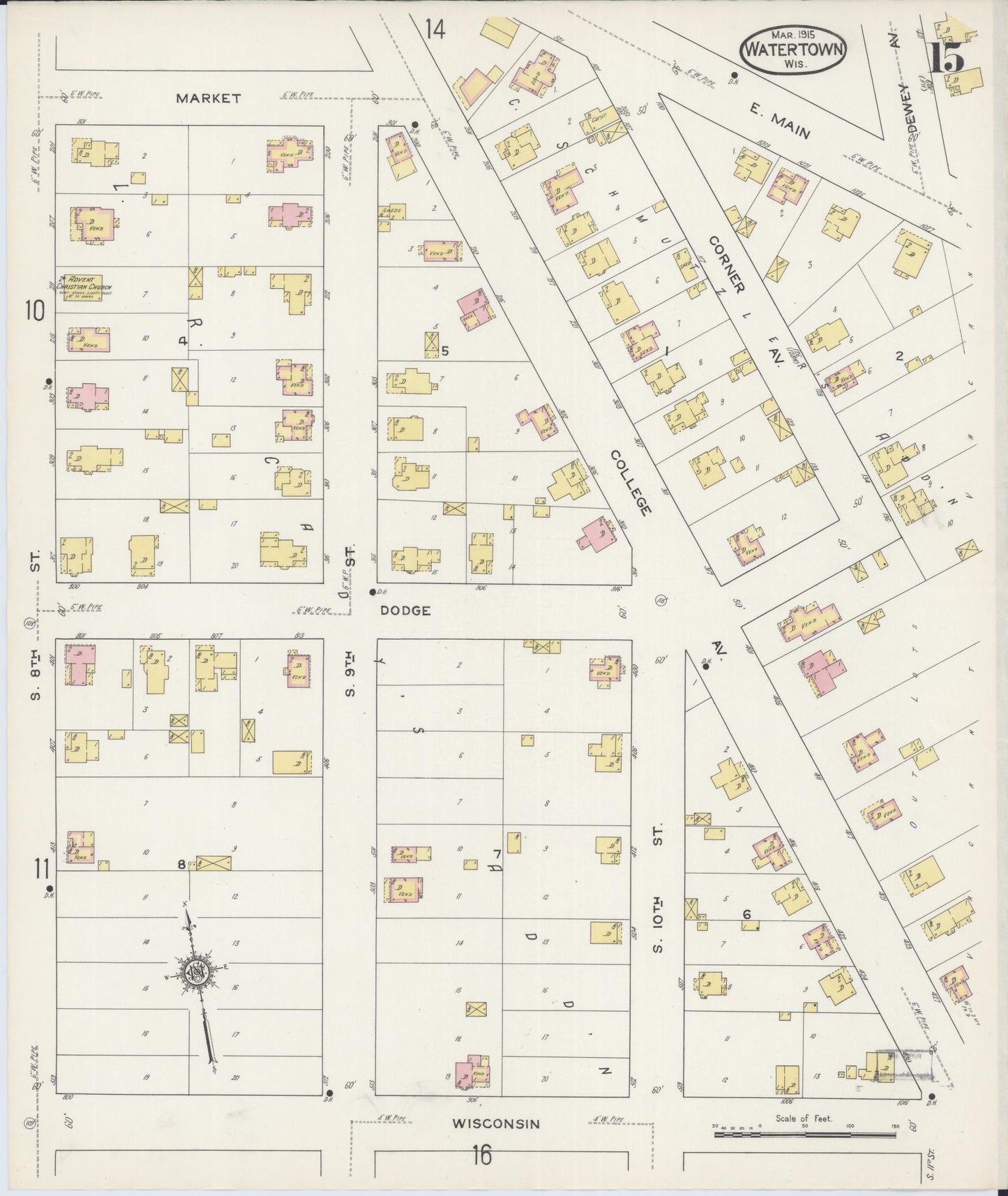 Sanborn Fire Insurance Map from Watertown, Jefferson County, Wisconsin (1915), Sheet #0016 - Complete Map Set gallery image, historic Sanborn map, vintage wall art, Wisconsin Wisconsin