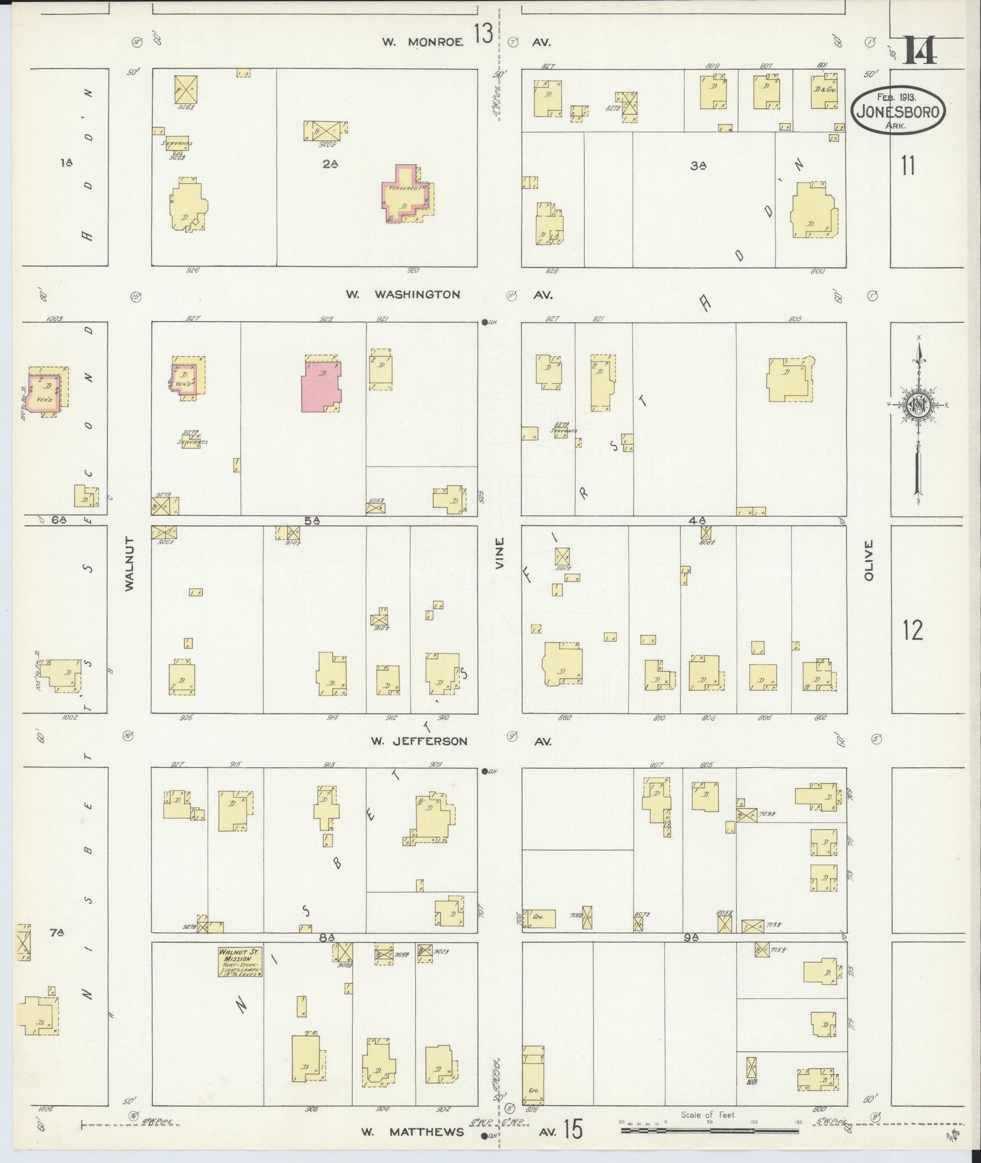 Sanborn Fire Insurance Map from Jonesboro, Craighead County, Arkansas (1913), Sheet #0014 - Historic Sanborn Fire Insurance Map Print, vintage old map wall art, antique decor, genealogy gift, Arkansas Arkansas map