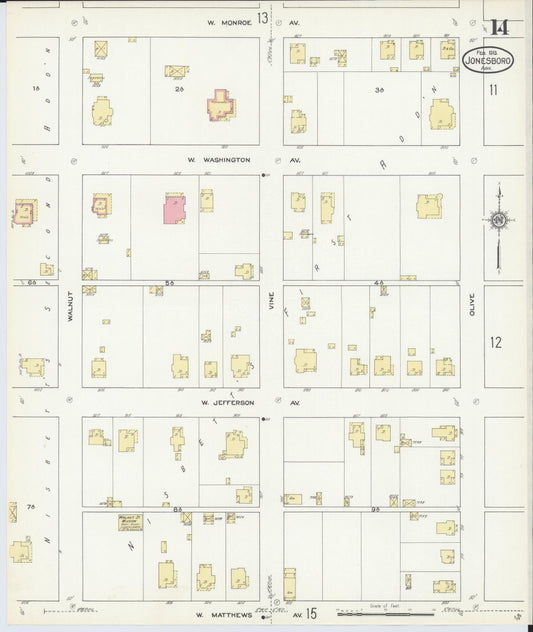 Sanborn Fire Insurance Map from Jonesboro, Craighead County, Arkansas (1913), Sheet #0014 - Historic Sanborn Fire Insurance Map Print, vintage old map wall art, antique decor, genealogy gift, Arkansas Arkansas map