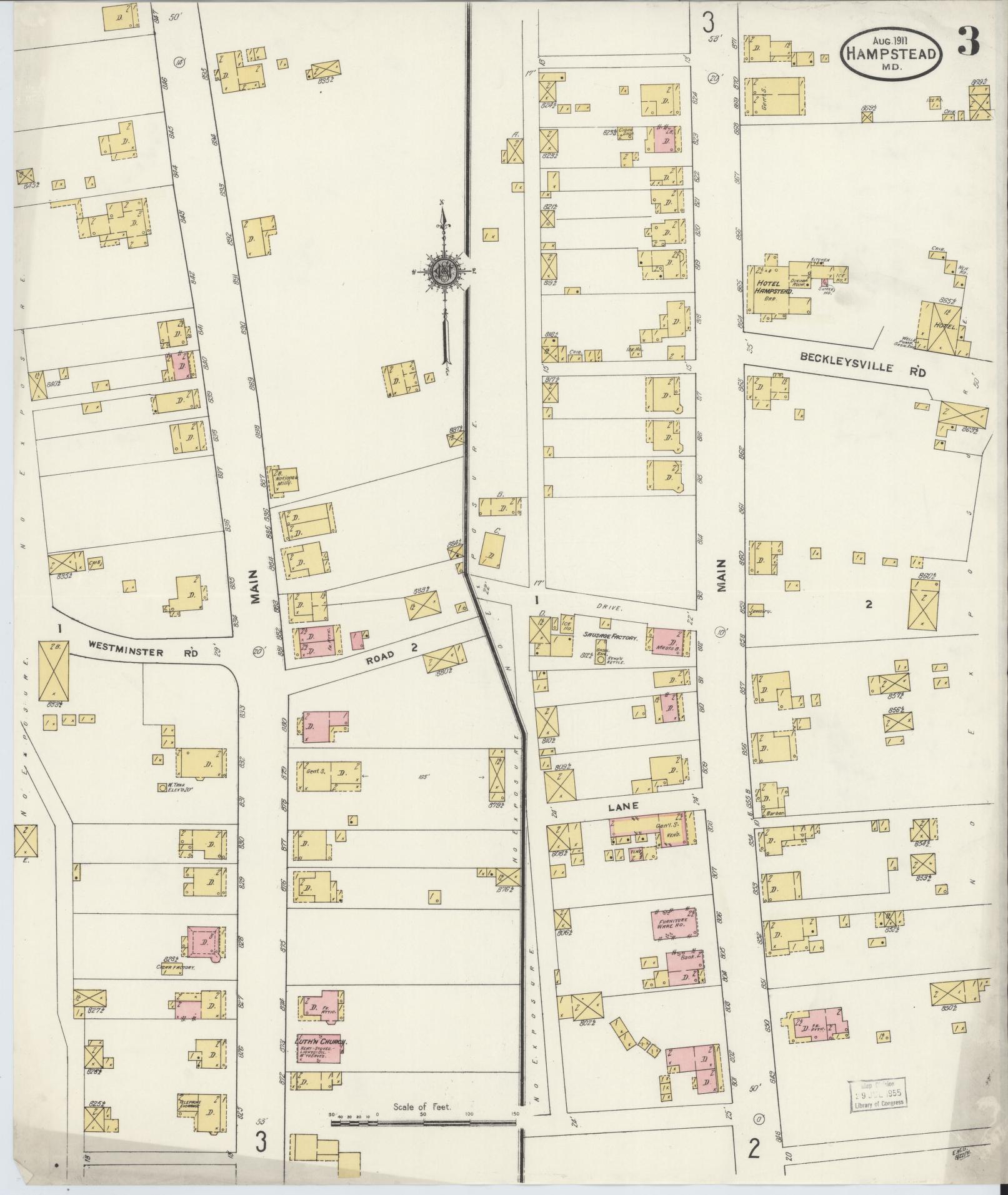 Sanborn Fire Insurance Map from Hampstead, Carroll County, Maryland (1911), Sheet #0003 - Historic Sanborn Fire Insurance Map Print, vintage old map wall art, antique decor, genealogy gift, Maryland Maryland map