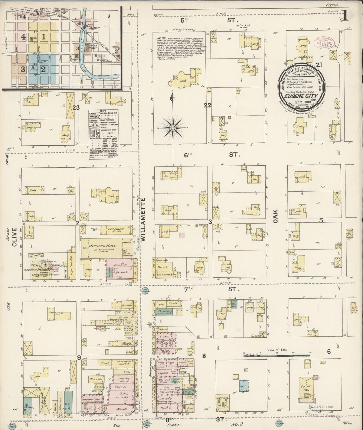 Sanborn Fire Insurance Map from Eugene, Lane County, Oregon (1888), Sheet #0001 - Historic Sanborn Fire Insurance Map Print, vintage old map wall art, antique decor, genealogy gift, Oregon Oregon map