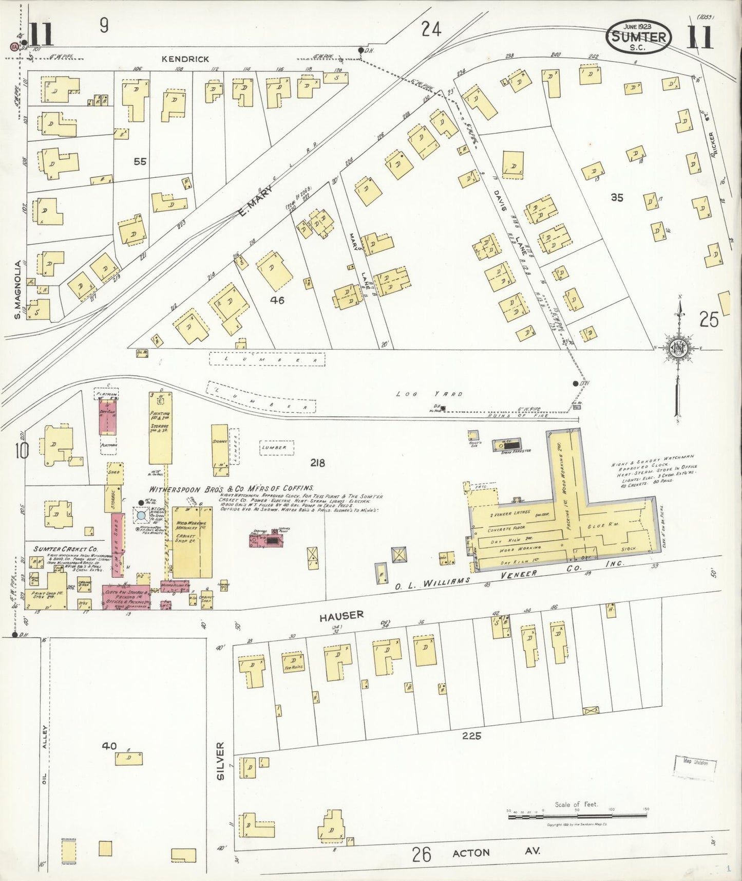 Sanborn Fire Insurance Map from Sumter, Sumter County, South Carolina (1923), Sheet #0011 - Historic Sanborn Fire Insurance Map Print, vintage old map wall art, antique decor, genealogy gift, South Carolina South Carolina map
