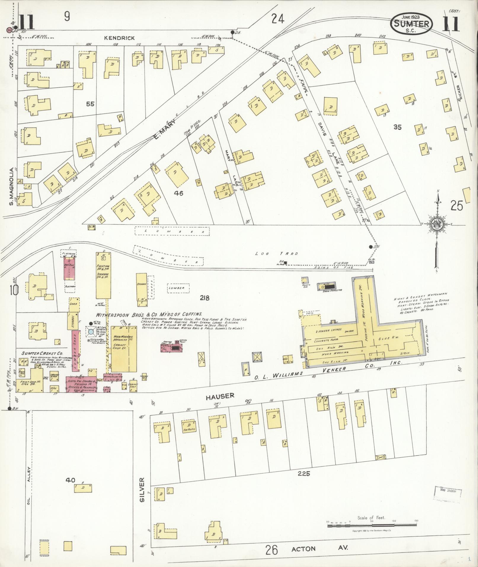 Sanborn Fire Insurance Map from Sumter, Sumter County, South Carolina (1923), Sheet #0011 - Historic Sanborn Fire Insurance Map Print, vintage old map wall art, antique decor, genealogy gift, South Carolina South Carolina map